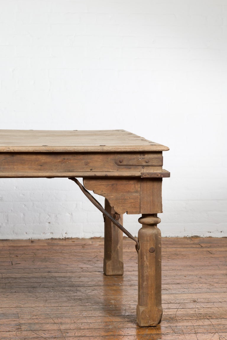 Indian Dining Table with Distressed Patina, Iron Details and Baluster Legs For Sale at 1stDibs