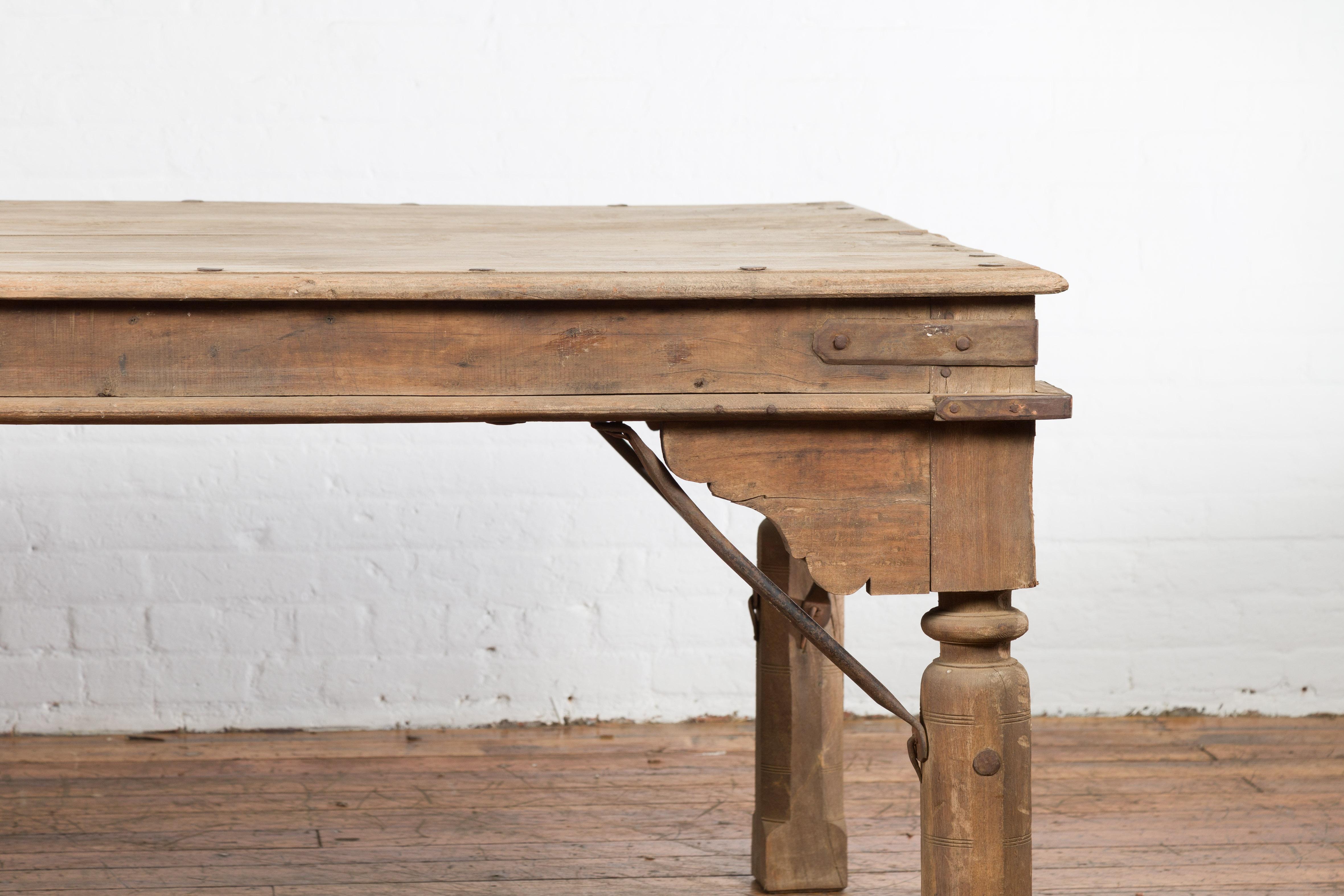 19th Century Indian Dining Table with Distressed Patina, Iron Details and Baluster Legs For Sale