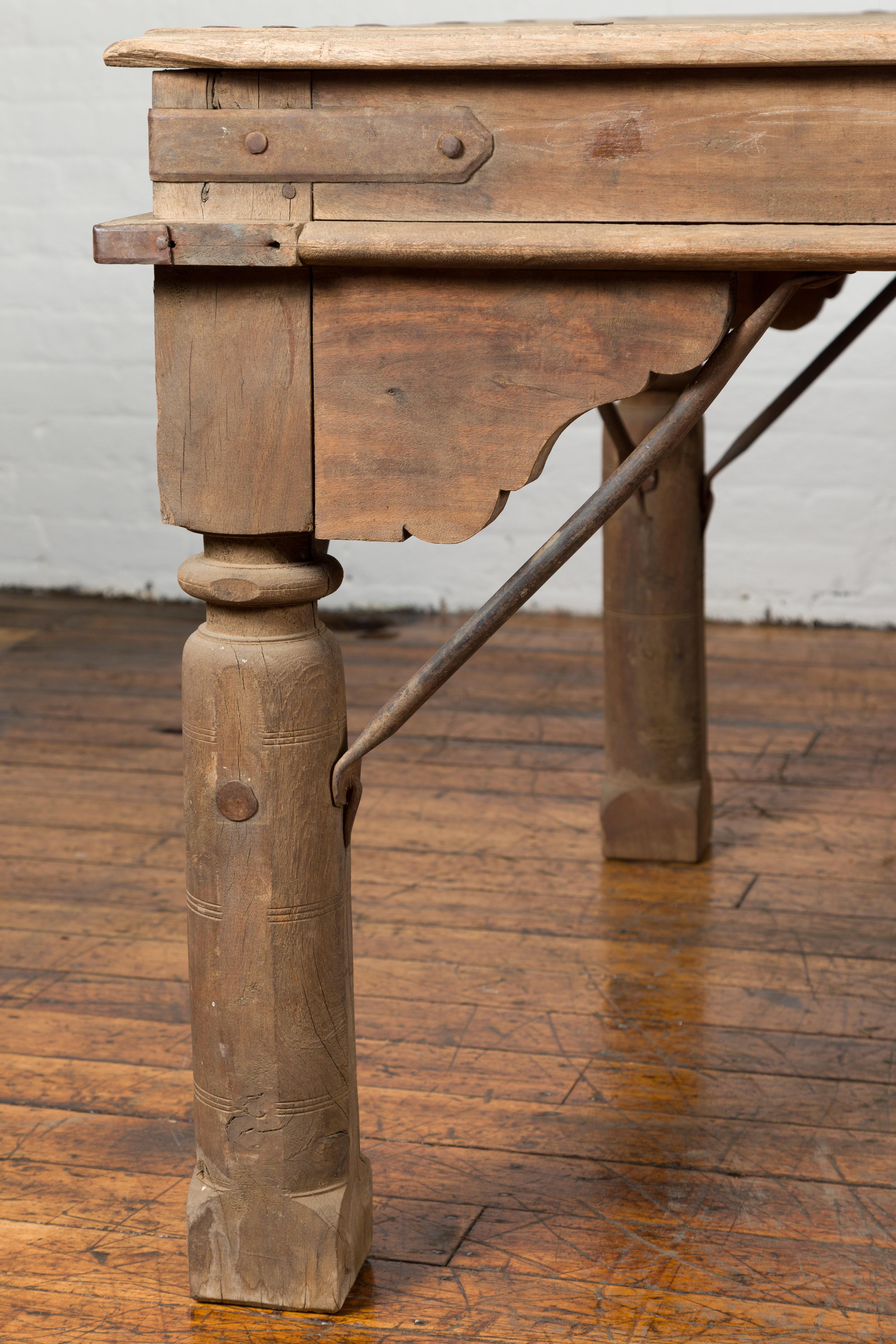 Wood Indian Dining Table with Distressed Patina, Iron Details and Baluster Legs For Sale