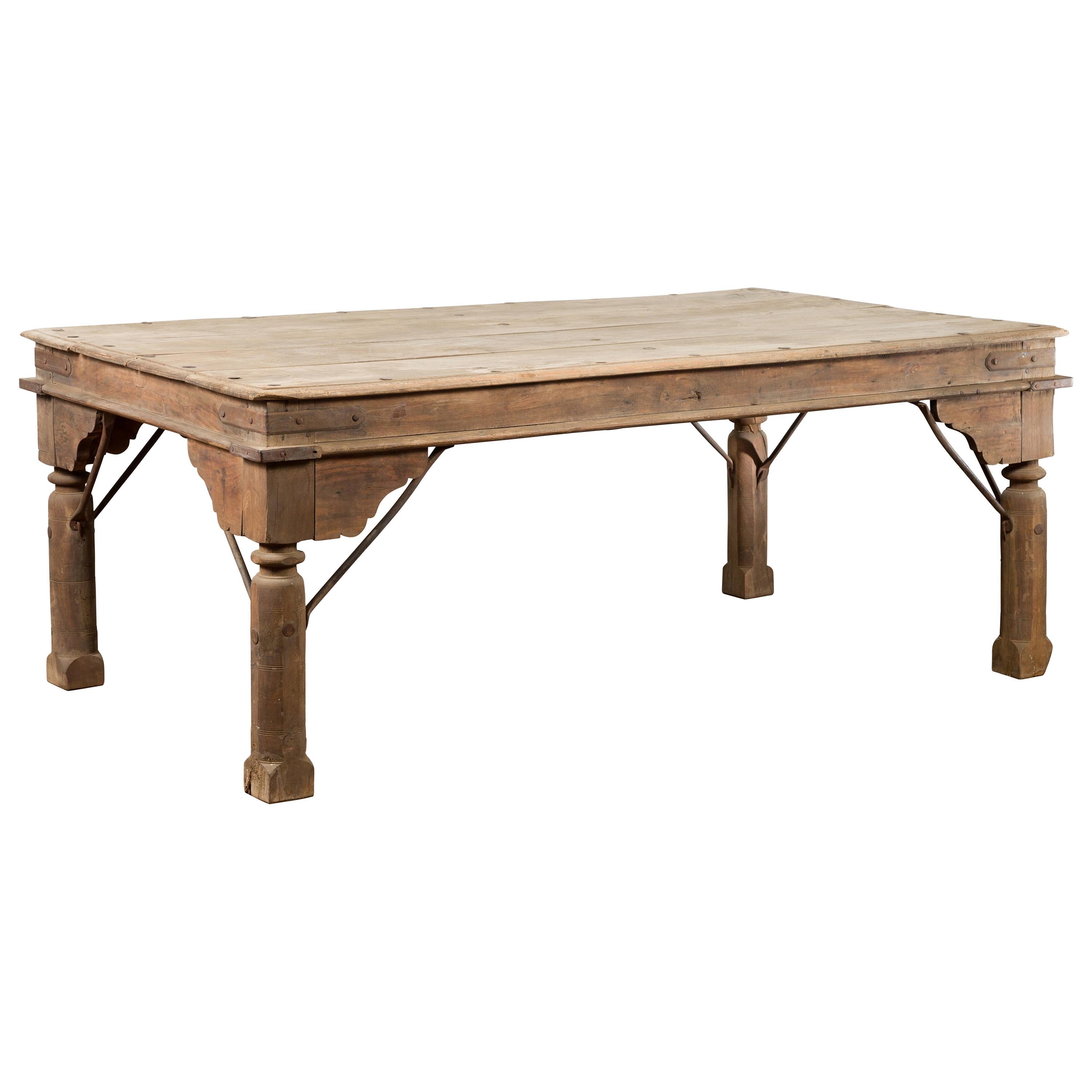 Indian Dining Table with Distressed Patina, Iron Details and Baluster Legs For Sale