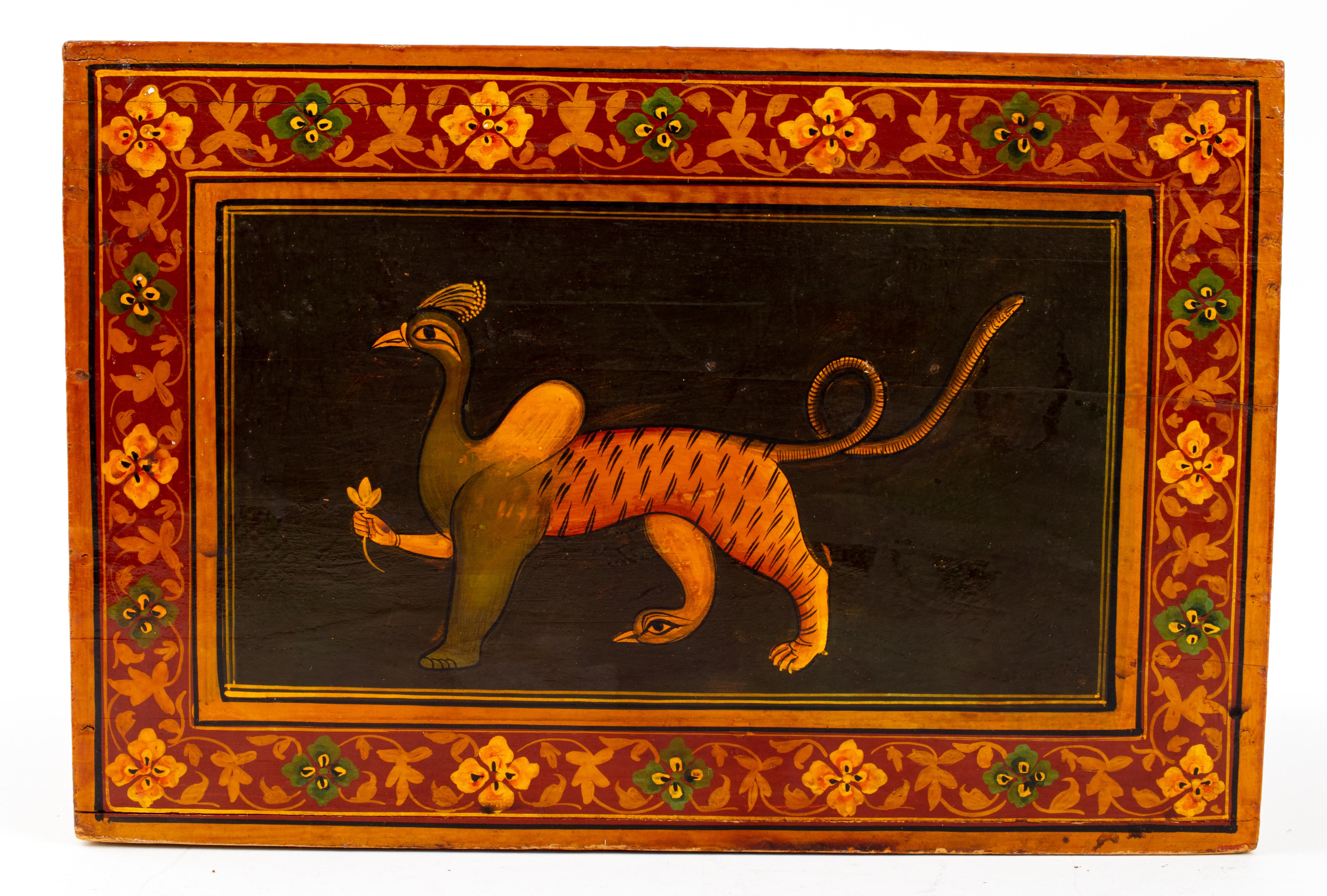 Indian Drawer Organizer Storage Box W/ Hand-Painted Chimeras & Ganesha In Good Condition For Sale In New York, NY