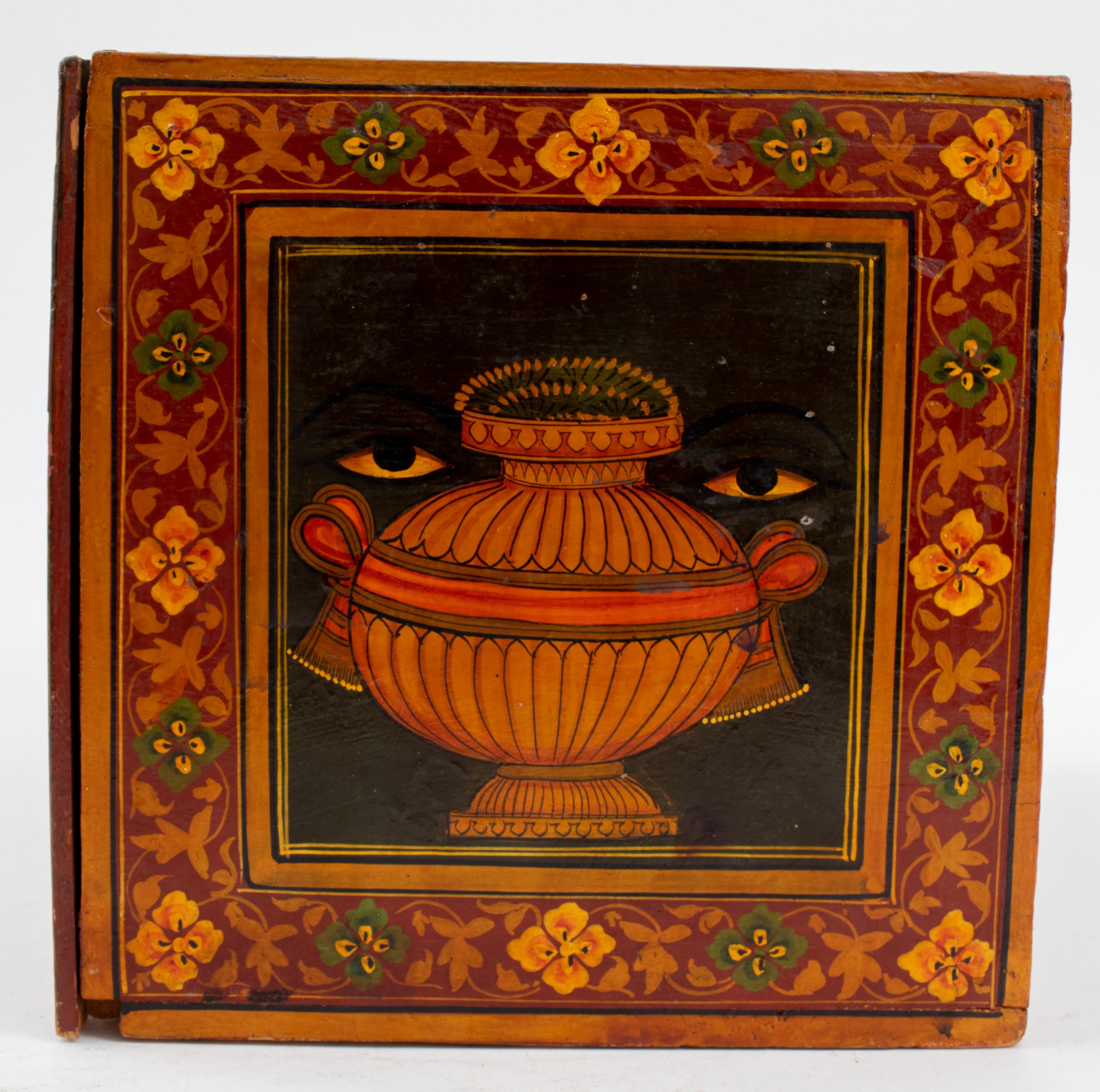 20th Century Indian Drawer Organizer Storage Box W/ Hand-Painted Chimeras & Ganesha For Sale