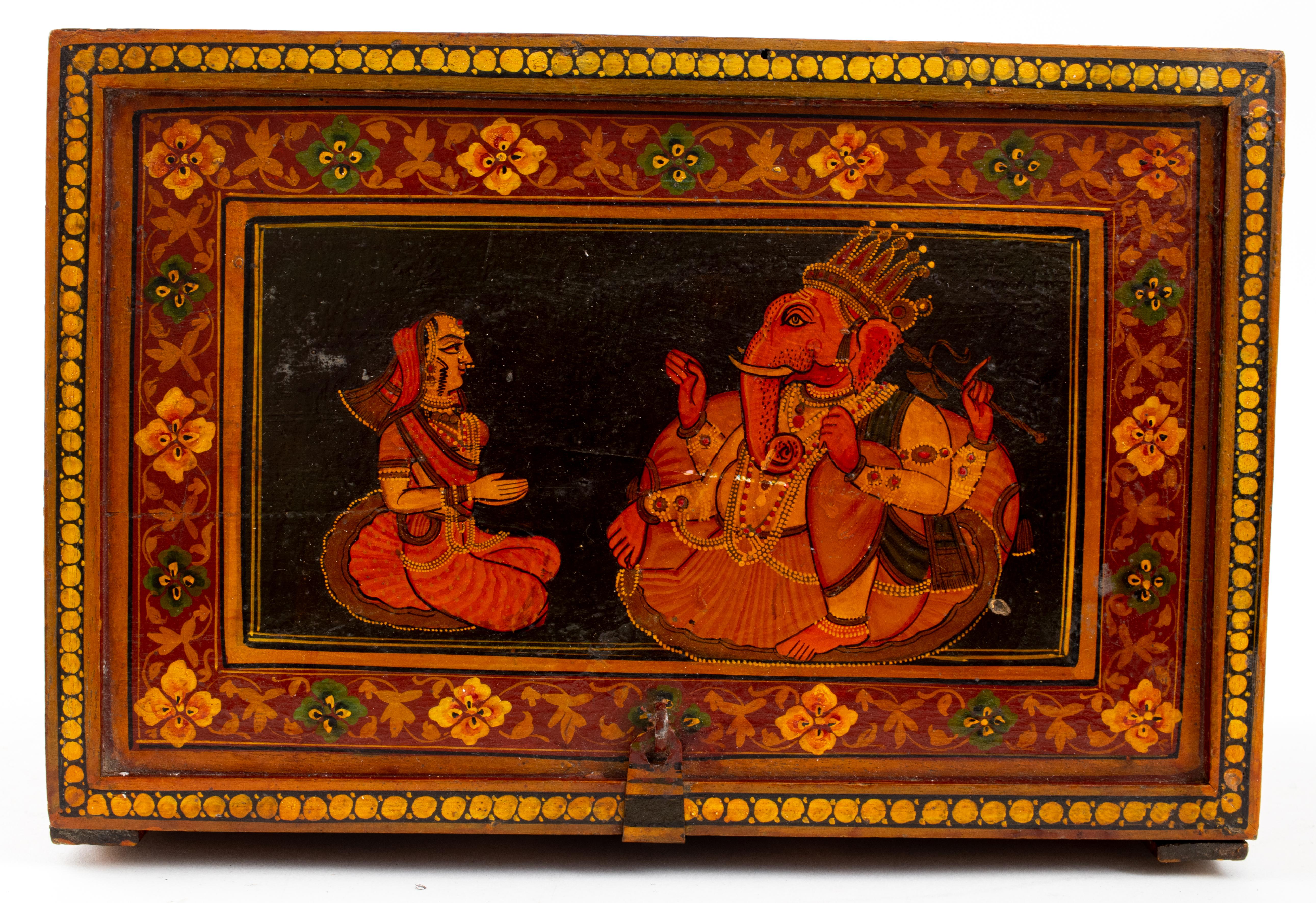 Wood Indian Drawer Organizer Storage Box W/ Hand-Painted Chimeras & Ganesha For Sale