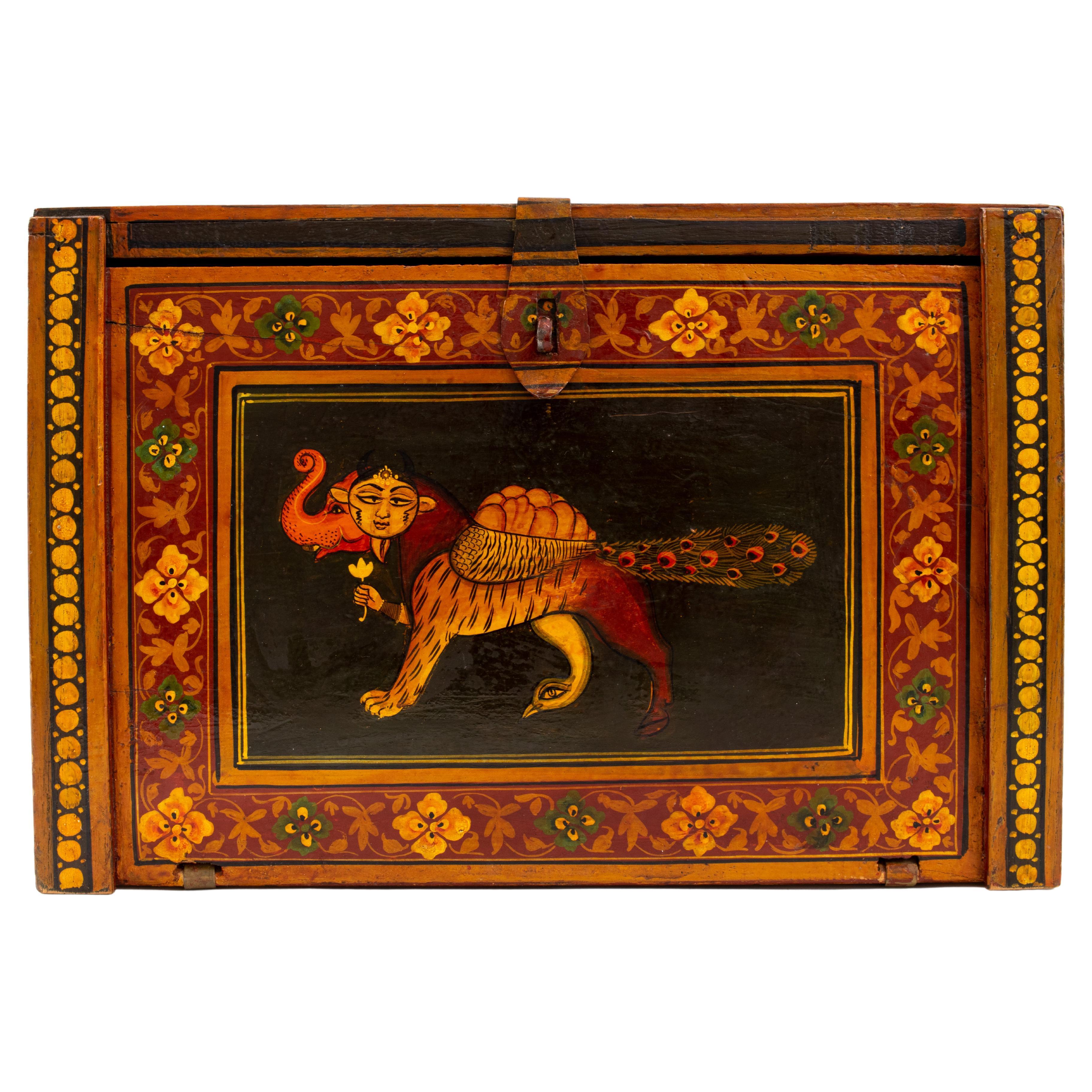 Indian Drawer Organizer Storage Box W/ Hand-Painted Chimeras & Ganesha