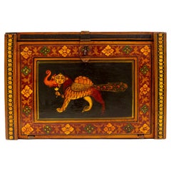 Vintage Indian Drawer Organizer Storage Box W/ Hand-Painted Chimeras & Ganesha