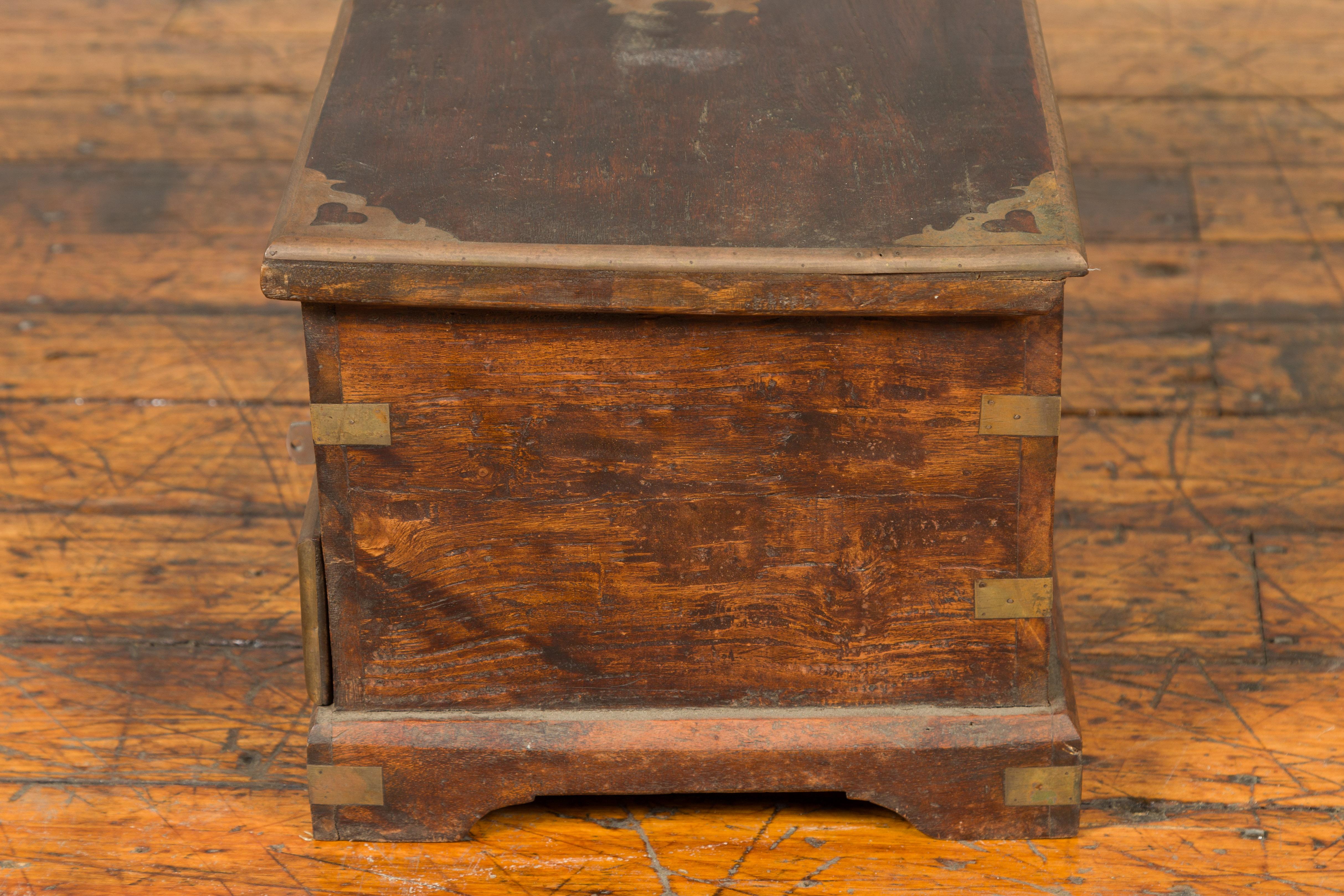 Indian Early 20th Century Brass Bound Wooden Treasure Chest with Drawers 5