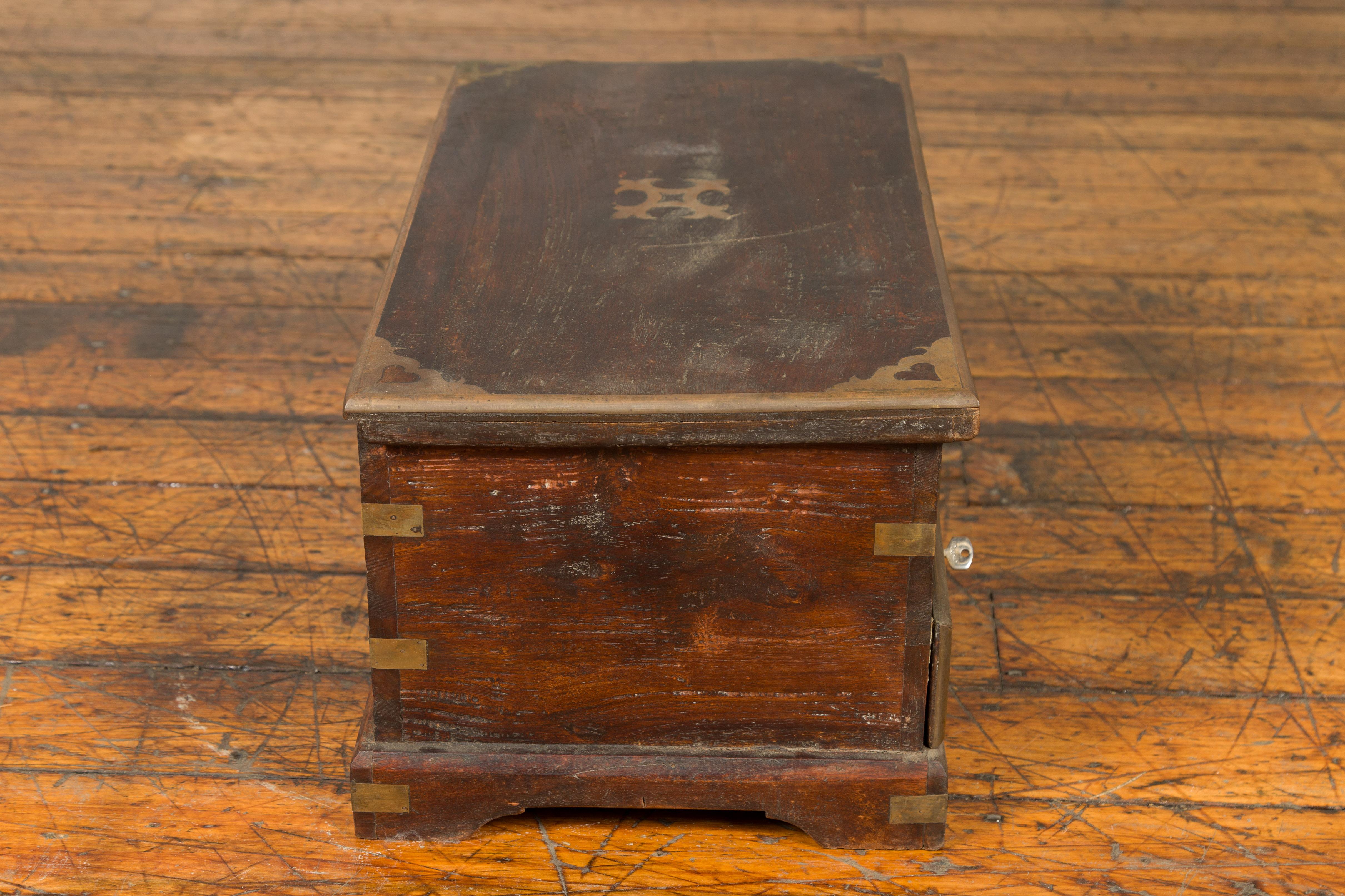 Indian Early 20th Century Brass Bound Wooden Treasure Chest with Drawers 7