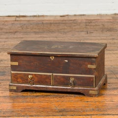 Indian Early 20th Century Brass Bound Wooden Treasure Chest with Drawers