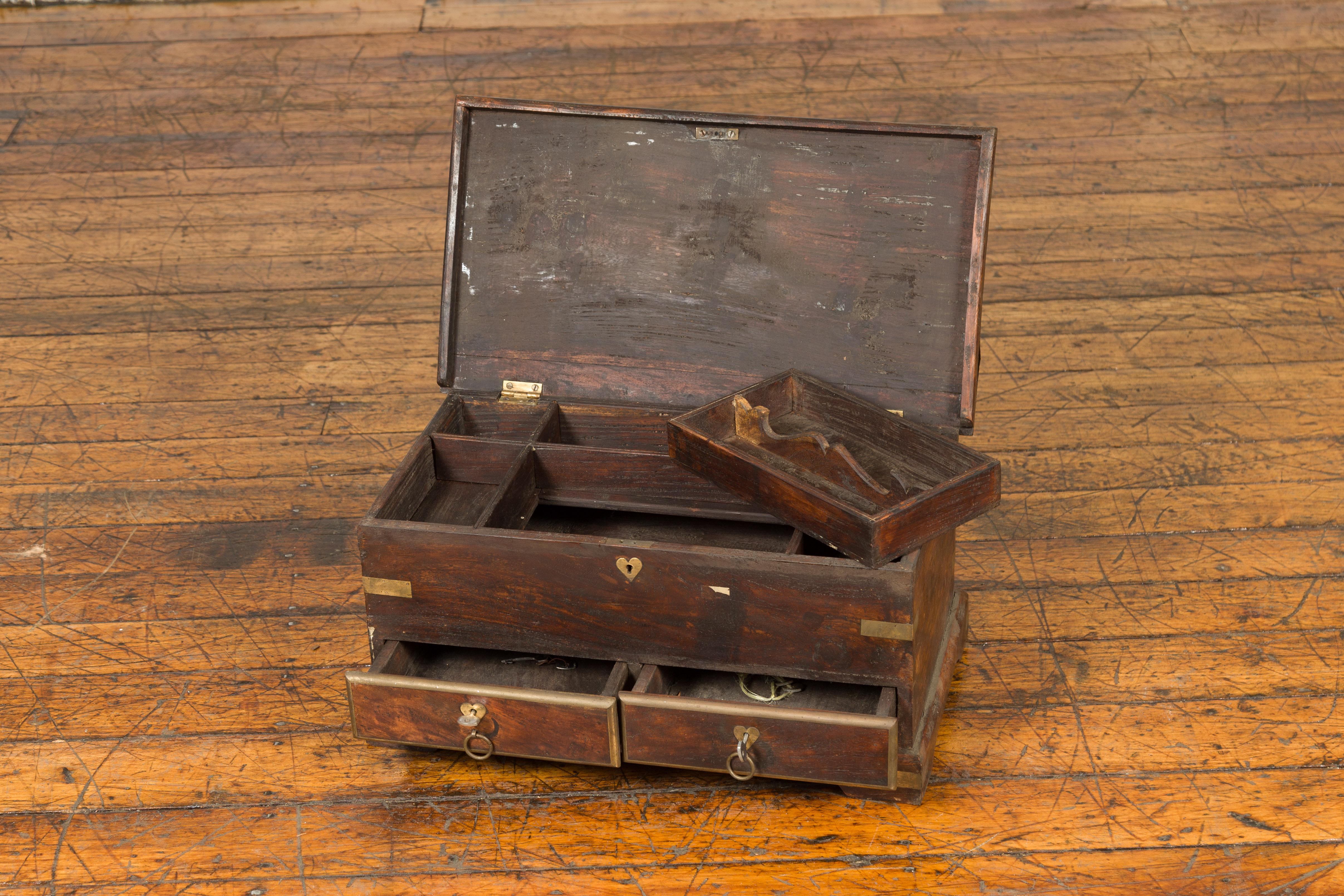 Indian Early 20th Century Brass Bound Wooden Treasure Chest with Drawers 2