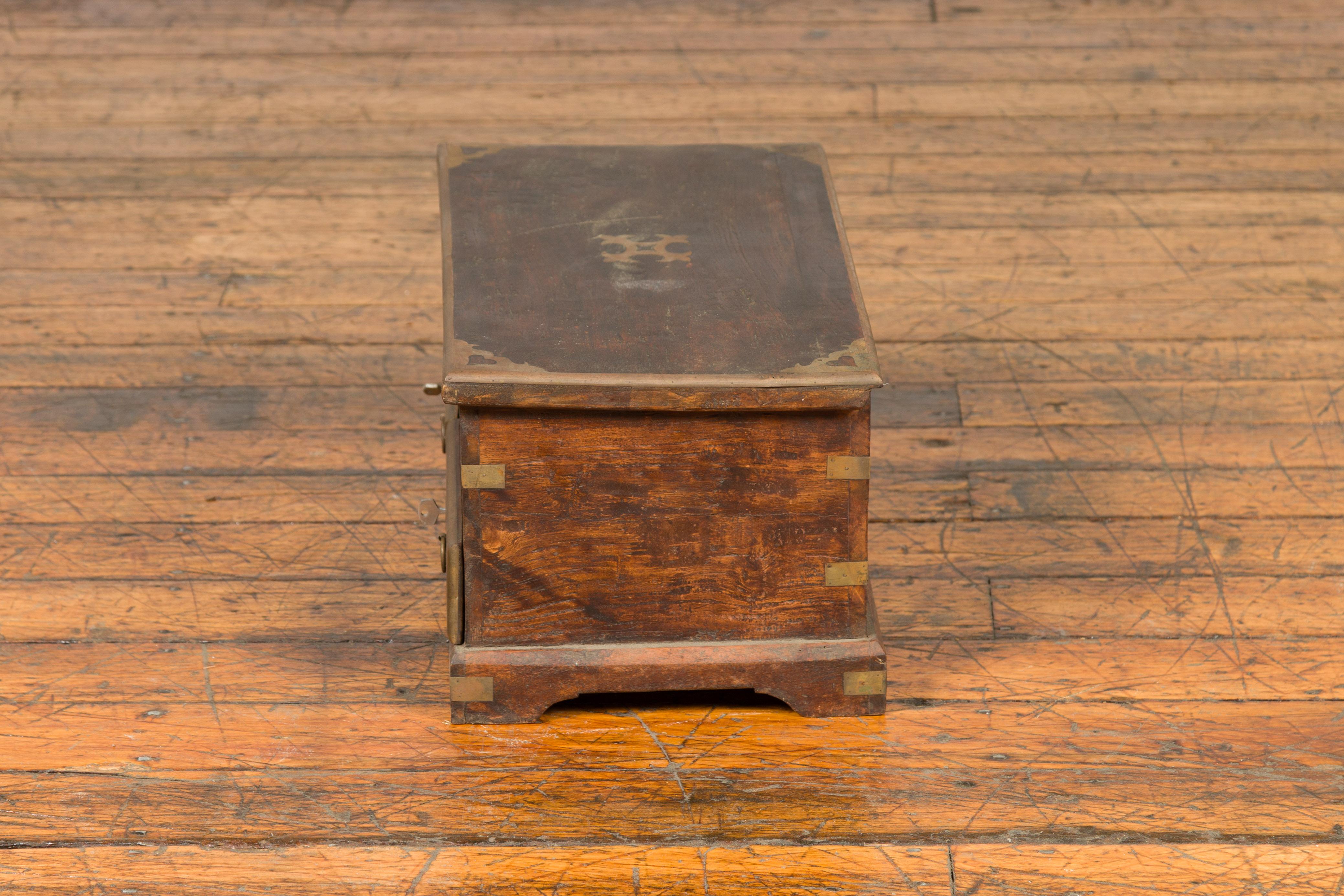 Indian Early 20th Century Brass Bound Wooden Treasure Chest with Drawers 4