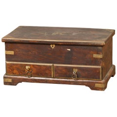 Indian Early 20th Century Brass Bound Wooden Treasure Chest with Drawers