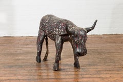 Indian Early 20th Century Hand Painted Wooden Cow with Distressed Patina