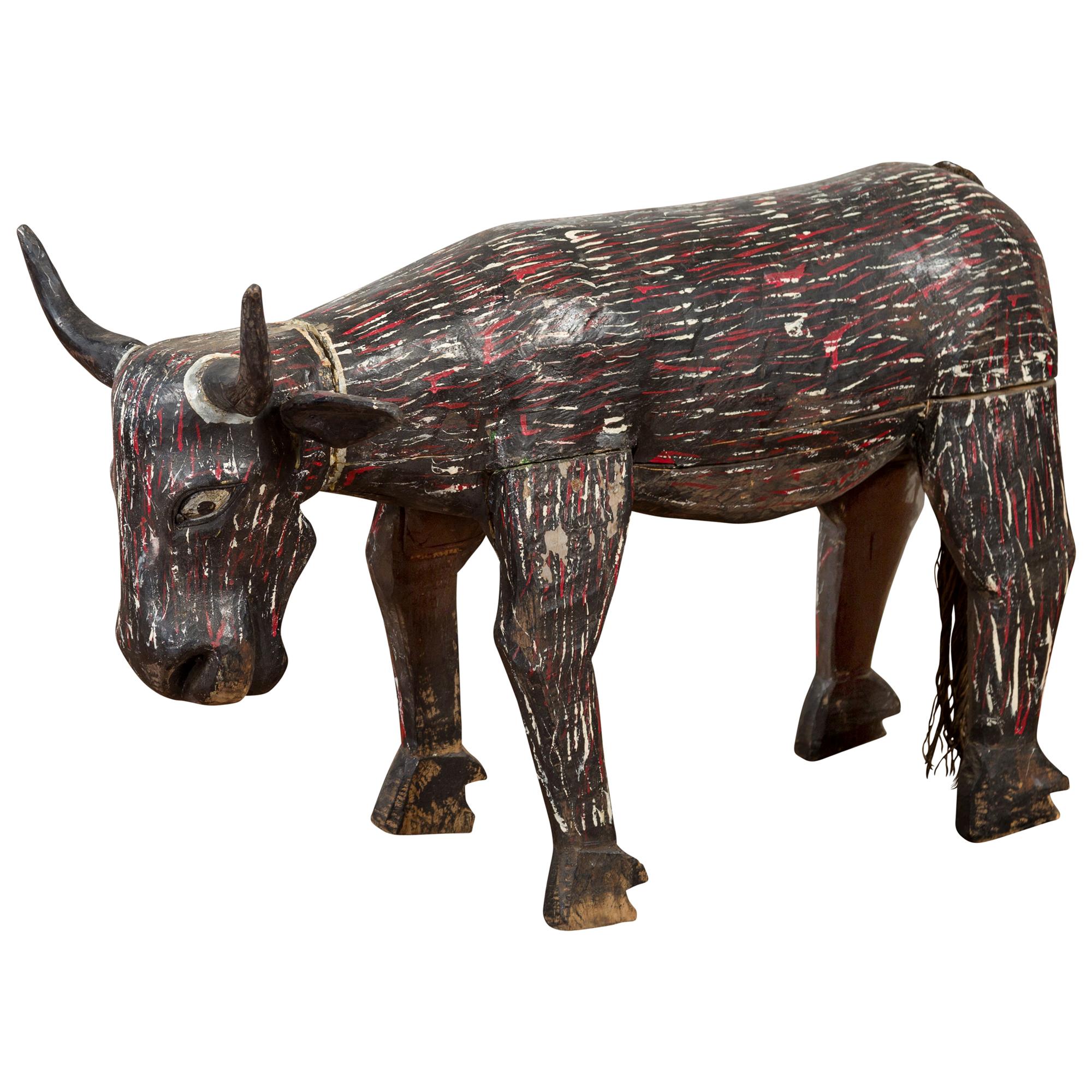 Indian Early 20th Century Hand Painted Wooden Cow with Distressed Patina