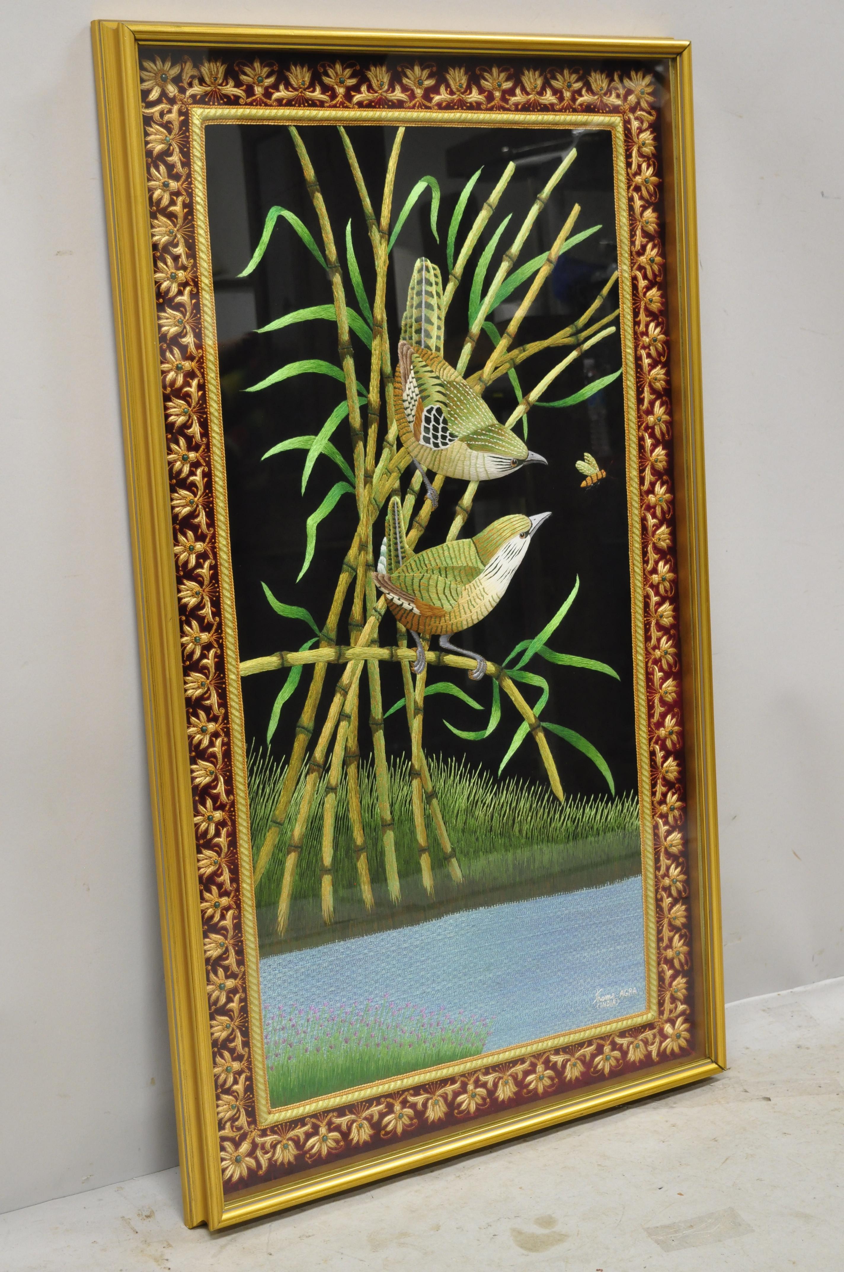 Indian embroidered birds and bees padded tapestry shadowbox frame wall art. Item features glass front shadowbox frame, 3-dimensional raised padded embroidered birds and scenery, stunning colors, nice bead work, original signature, very nice item,