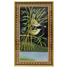Vintage Indian Embroidered Birds and Bees Padded Tapestry Shadowbox Frame Wall Art