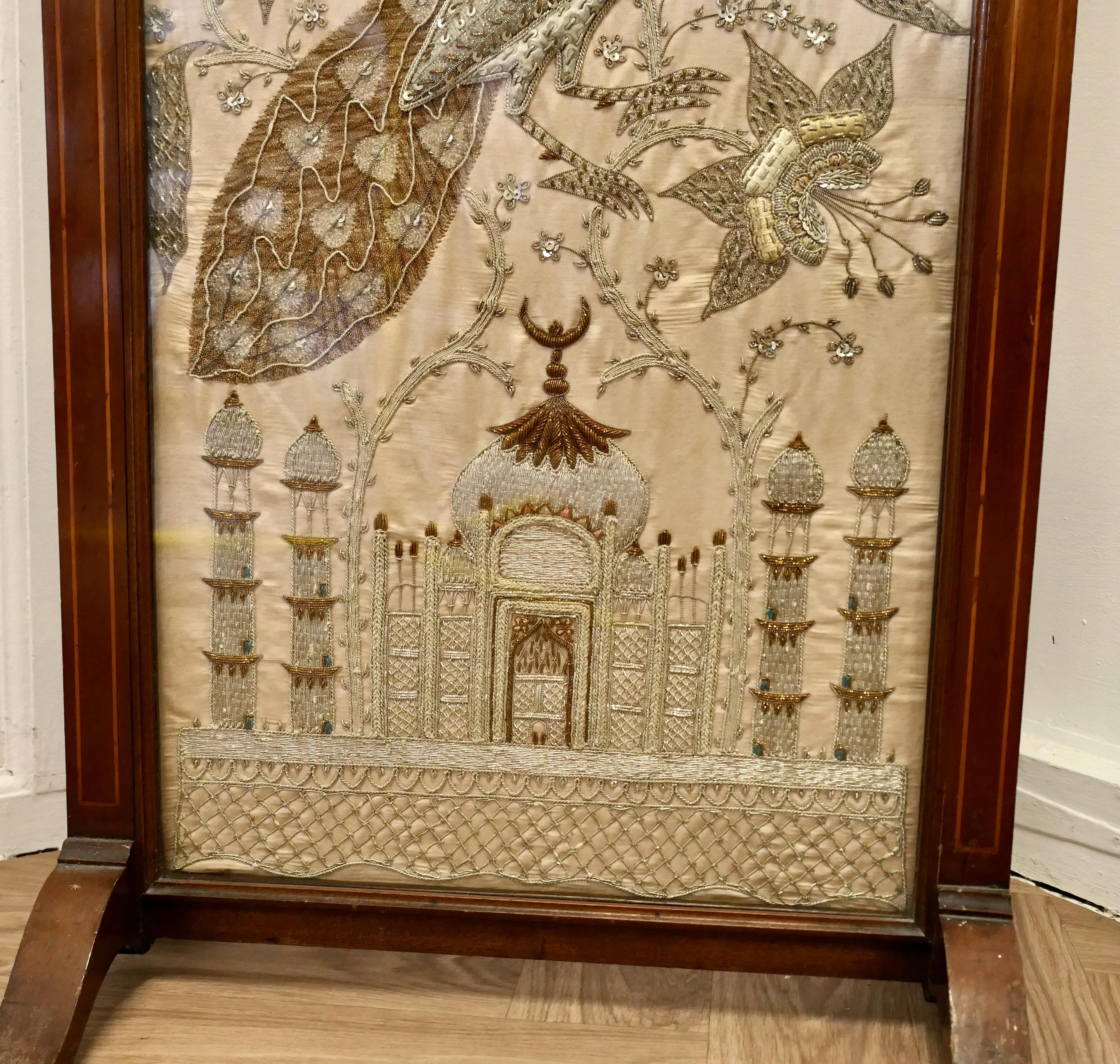 Silk Indian Embroidered Silver and Gold Taj Mahal Screen For Sale