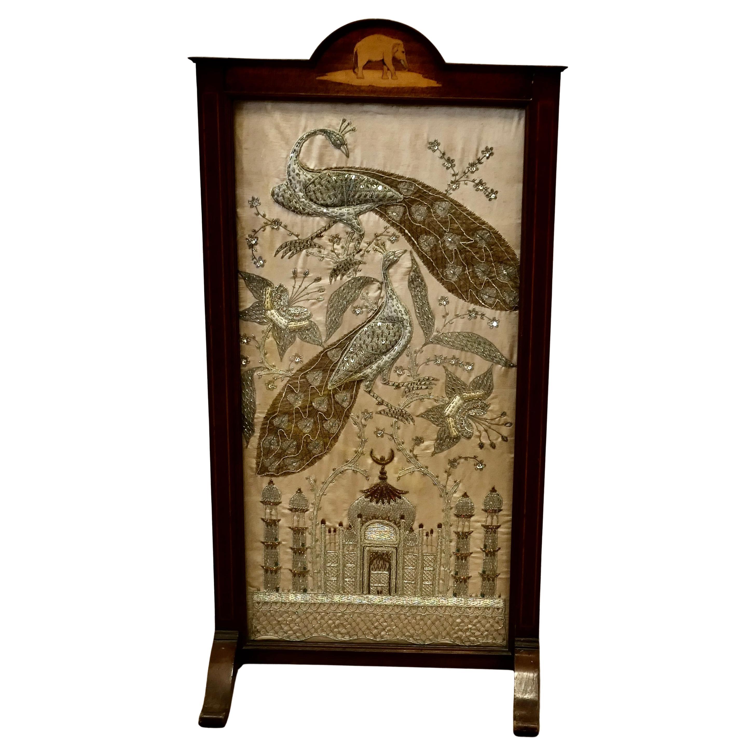 Indian Embroidered Silver and Gold Taj Mahal Screen