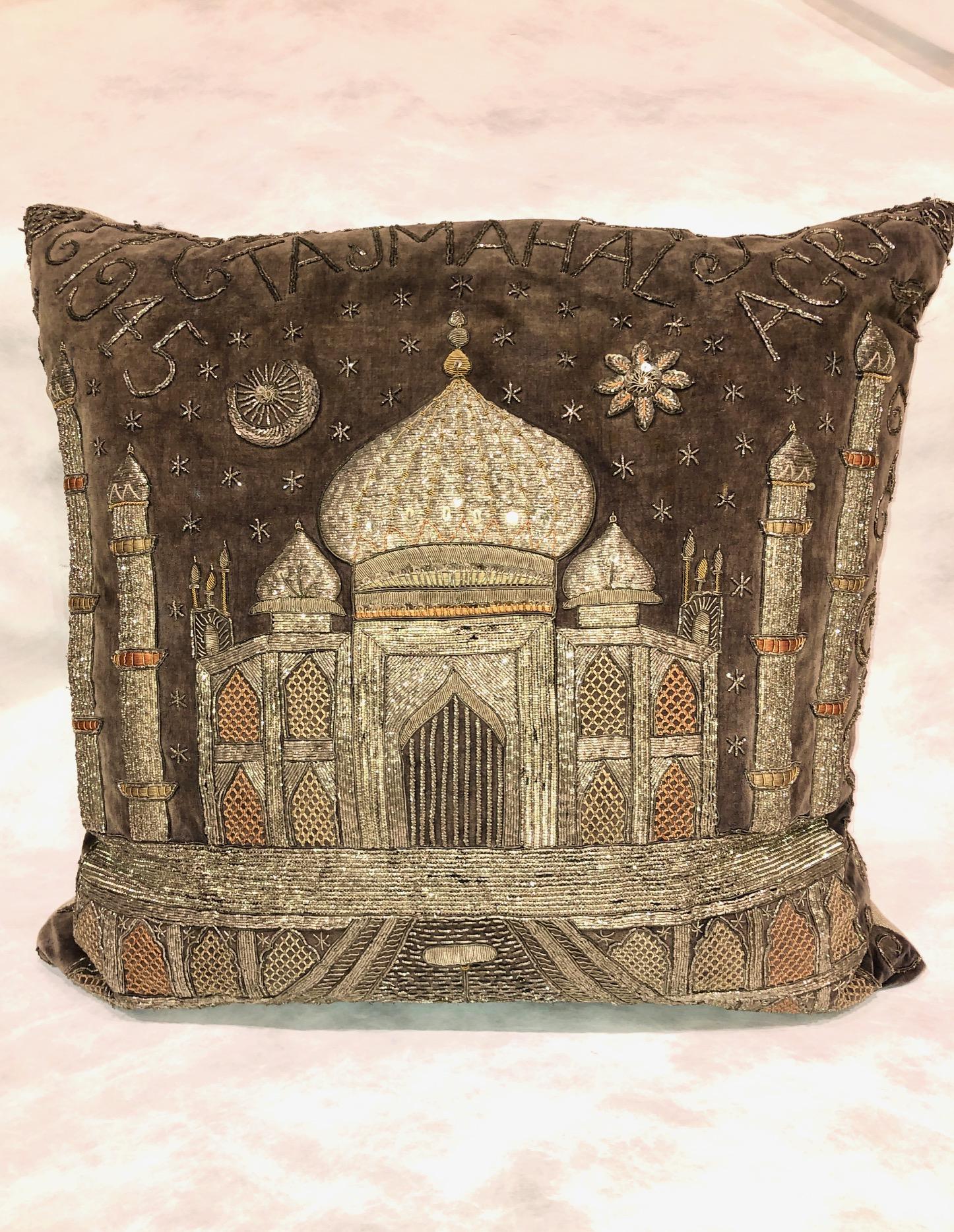 Indian Embroidered Velvet Taj Mahal Pillow, 1945 1