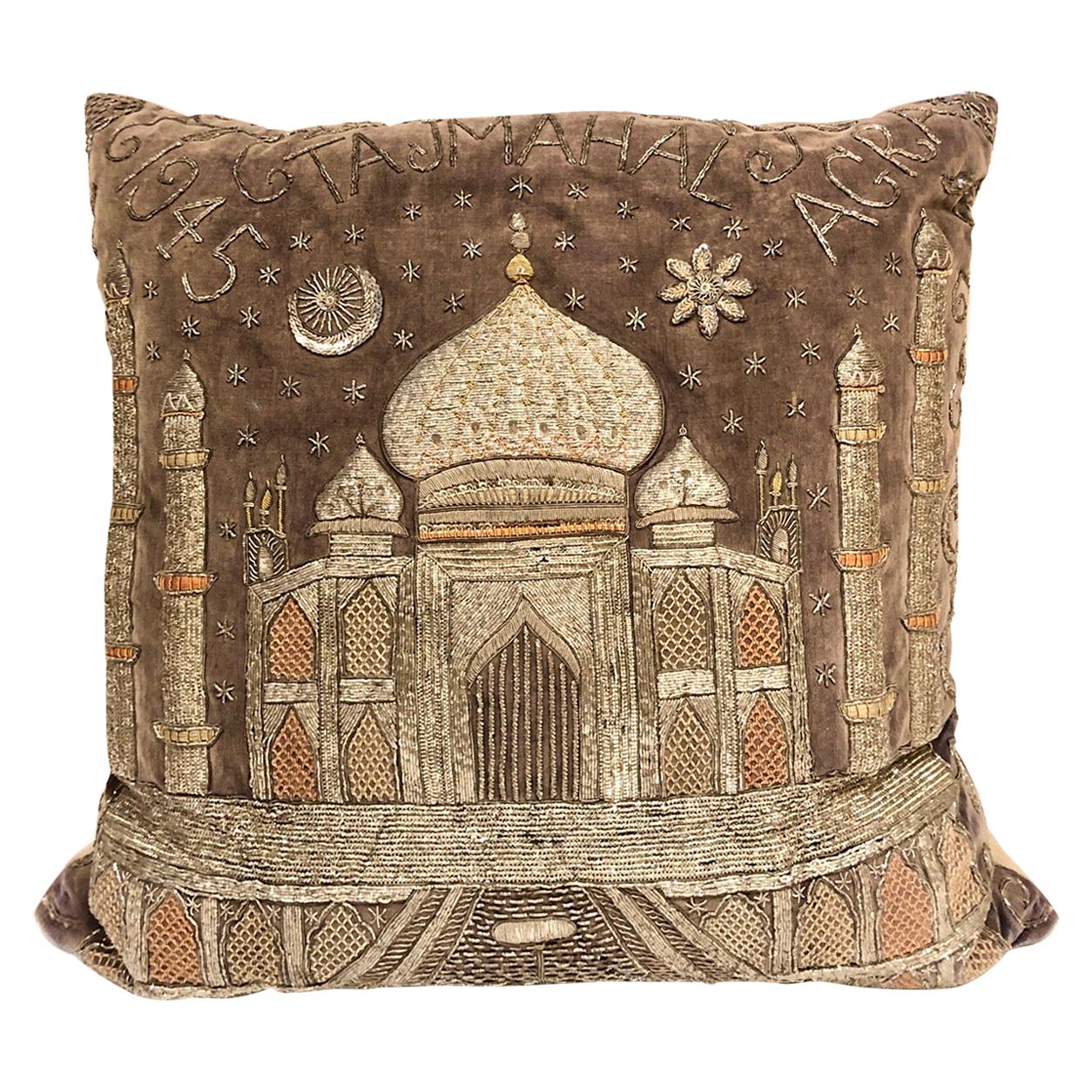 Indian Embroidered Velvet Taj Mahal Pillow, 1945