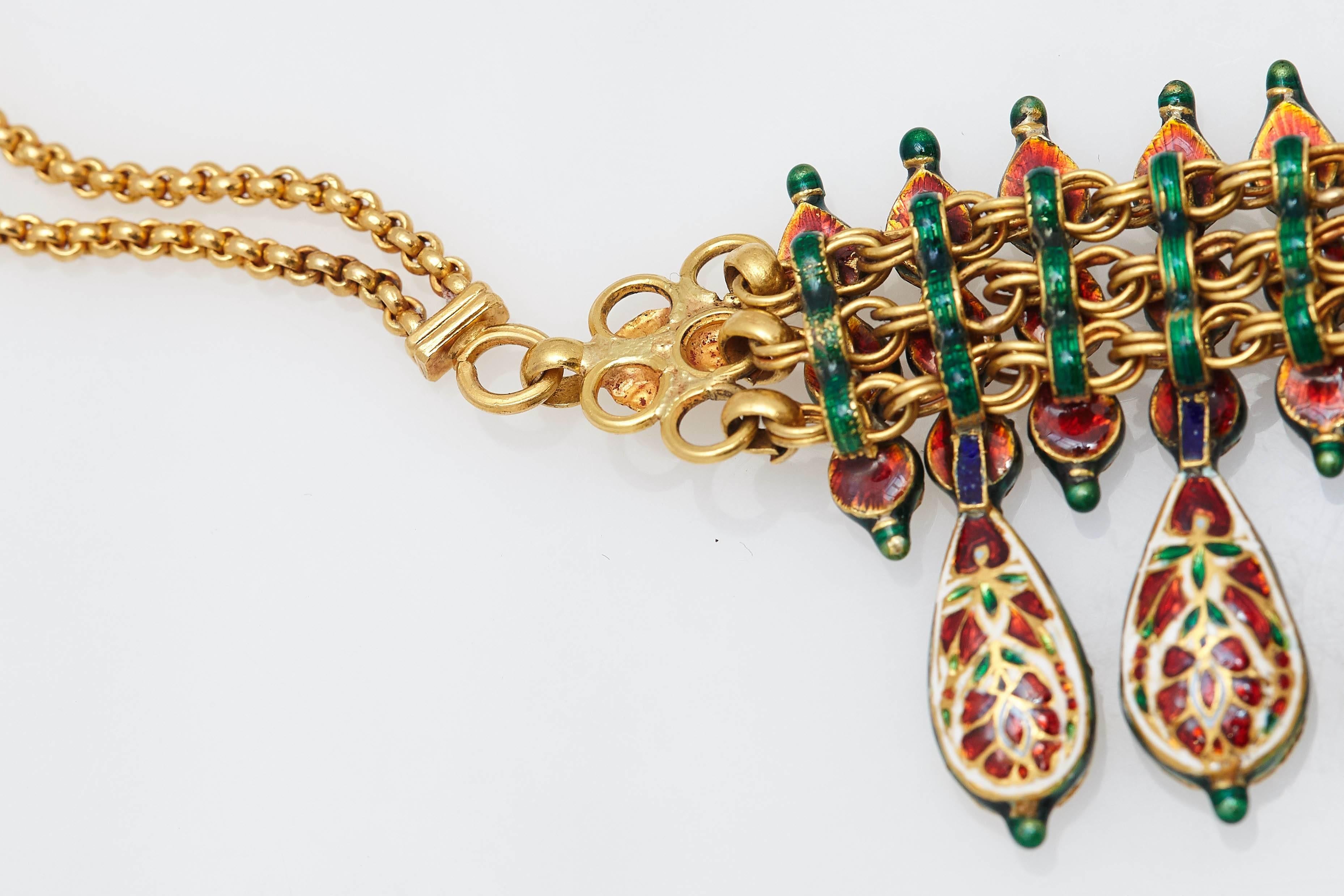 Indian Emerald Enamel Gold Necklace In Good Condition In New York, NY