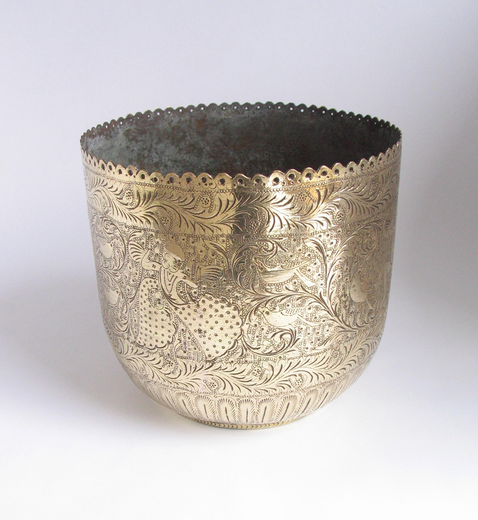 Indian 1960's hand wrought and finely engraved  brass jardiniere vessel. 
Newly polished.
.