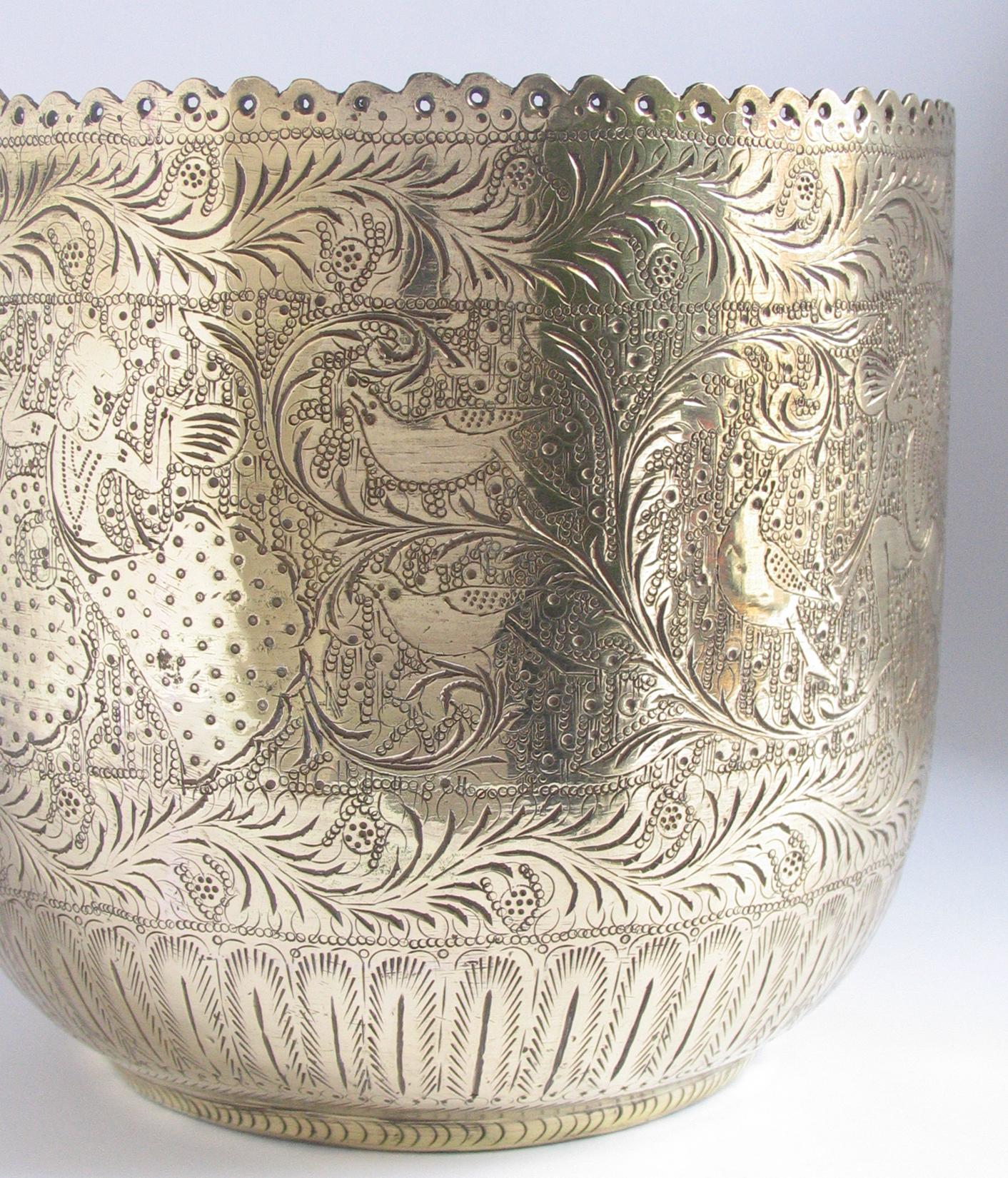 Anglo-Indian Indian 1960's Engraved Brass Jardiniere Planter