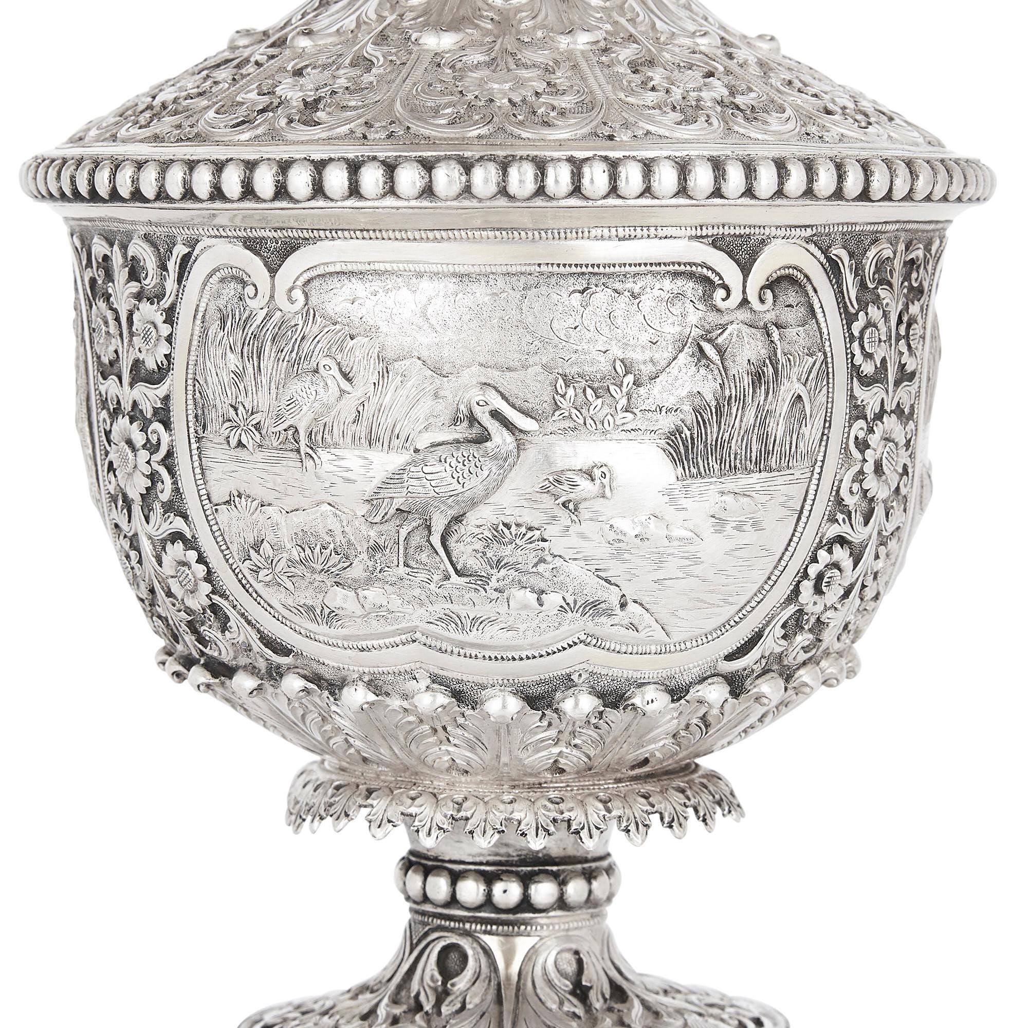 19th Century Indian Engraved Silver Table Fountain by Oomersi Mawji & Sons For Sale