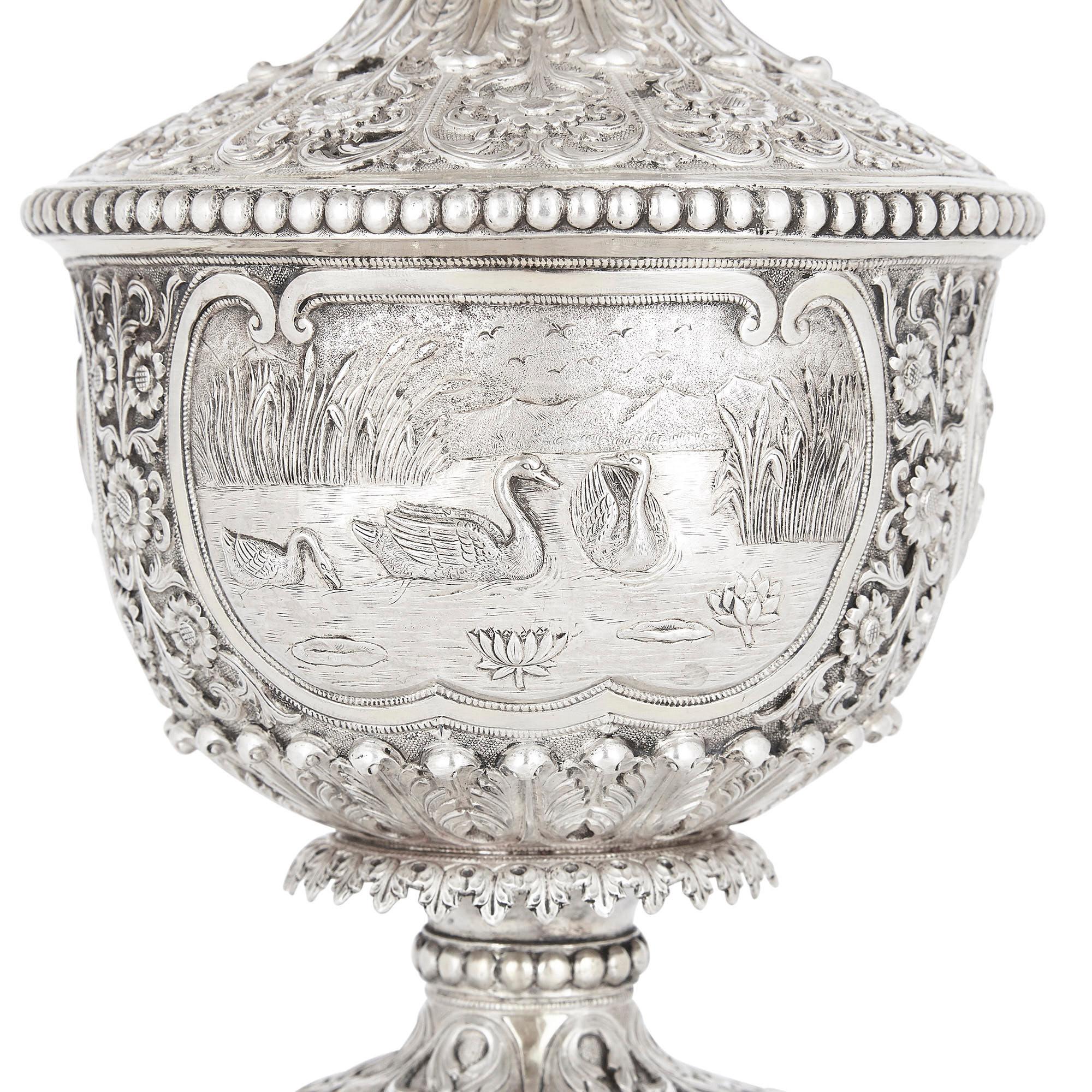 Indian Engraved Silver Table Fountain by Oomersi Mawji & Sons For Sale 1