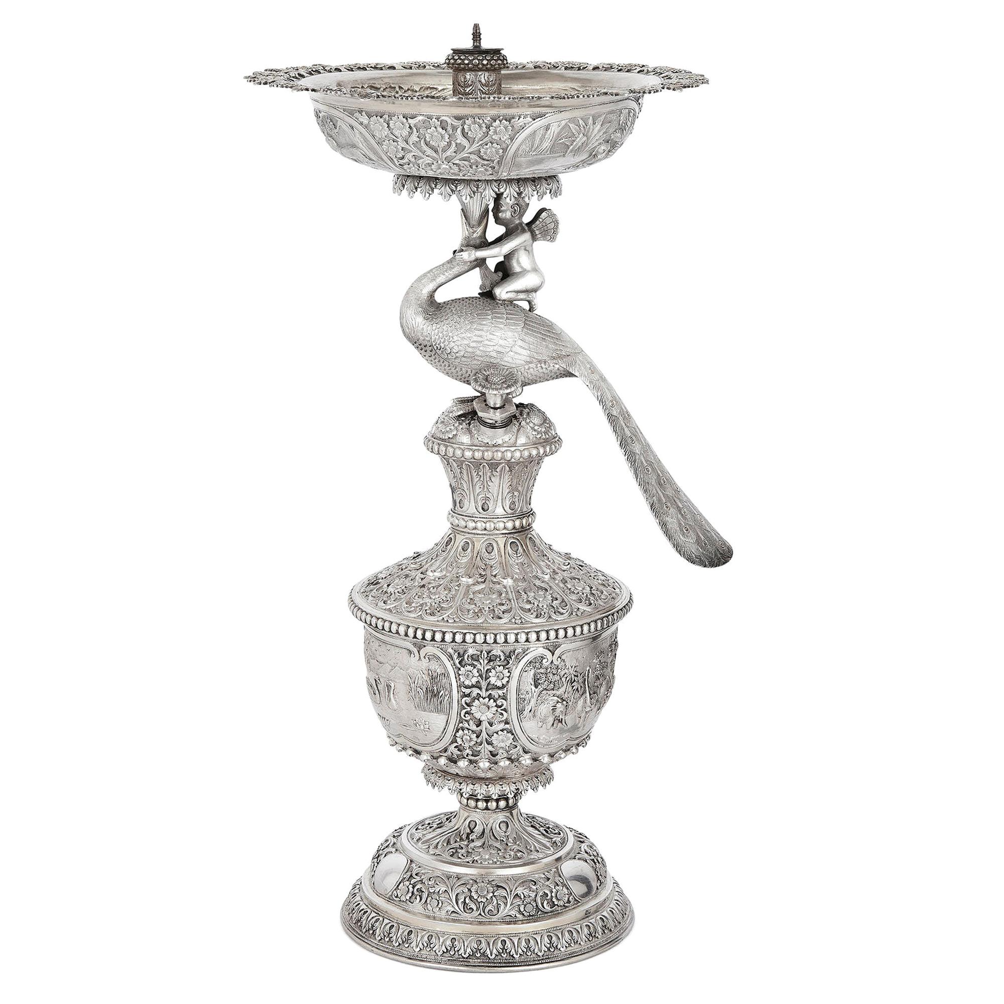 Indian Engraved Silver Table Fountain by Oomersi Mawji & Sons For Sale
