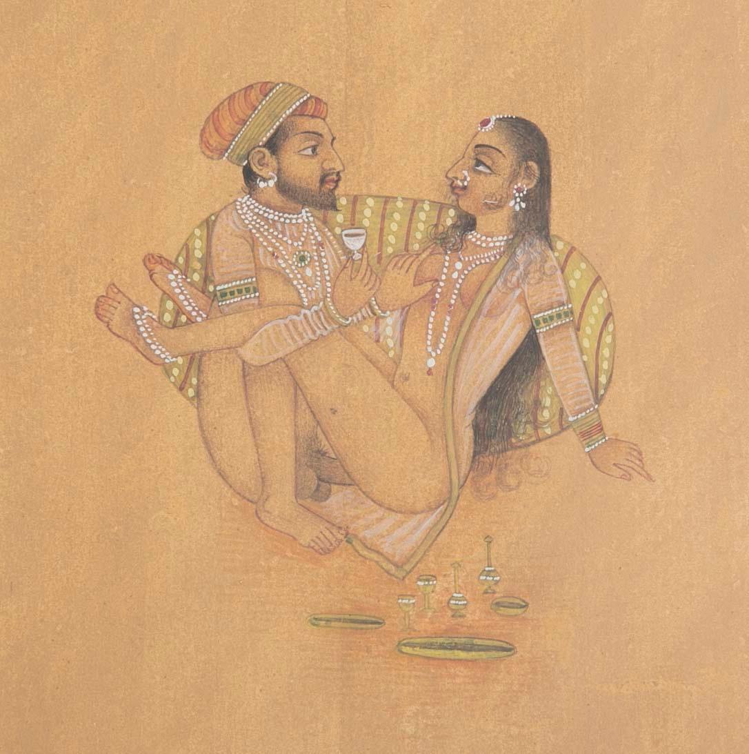 This amusing composition shows the man and woman engaged in intercourse while imbibing. Talk about multi-tasking! Kidding aside, it is a beautiful, delicately painted gouache with many interesting details such as the jewelry they wear and the