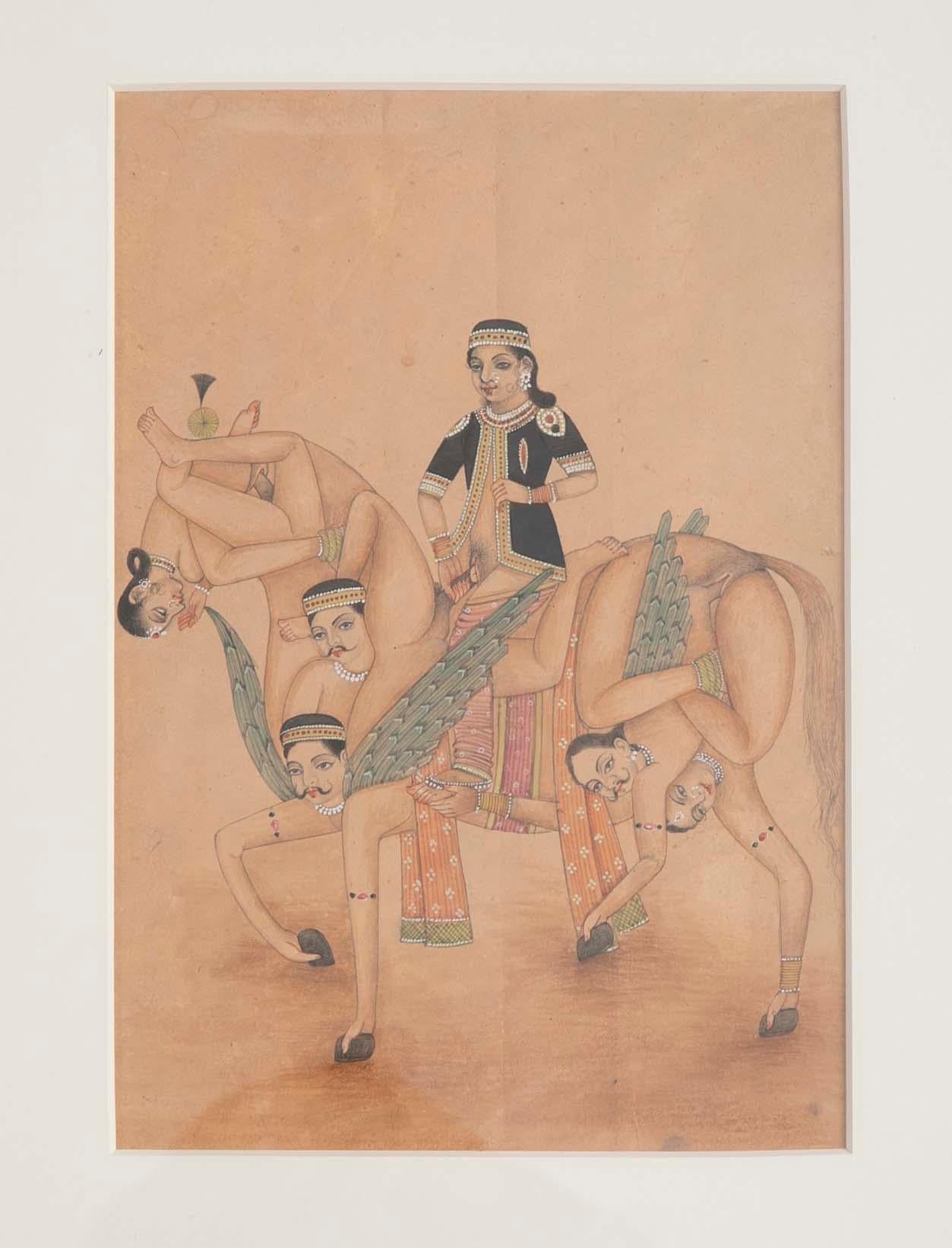 A very unusual Indian erotic zoomorphic gouache depicting a horse formed from couples engaging in various sexual positions, with a female rider. The actions of the couples juxtaposed with the calm demeanor on their faces, makes these gouaches quite