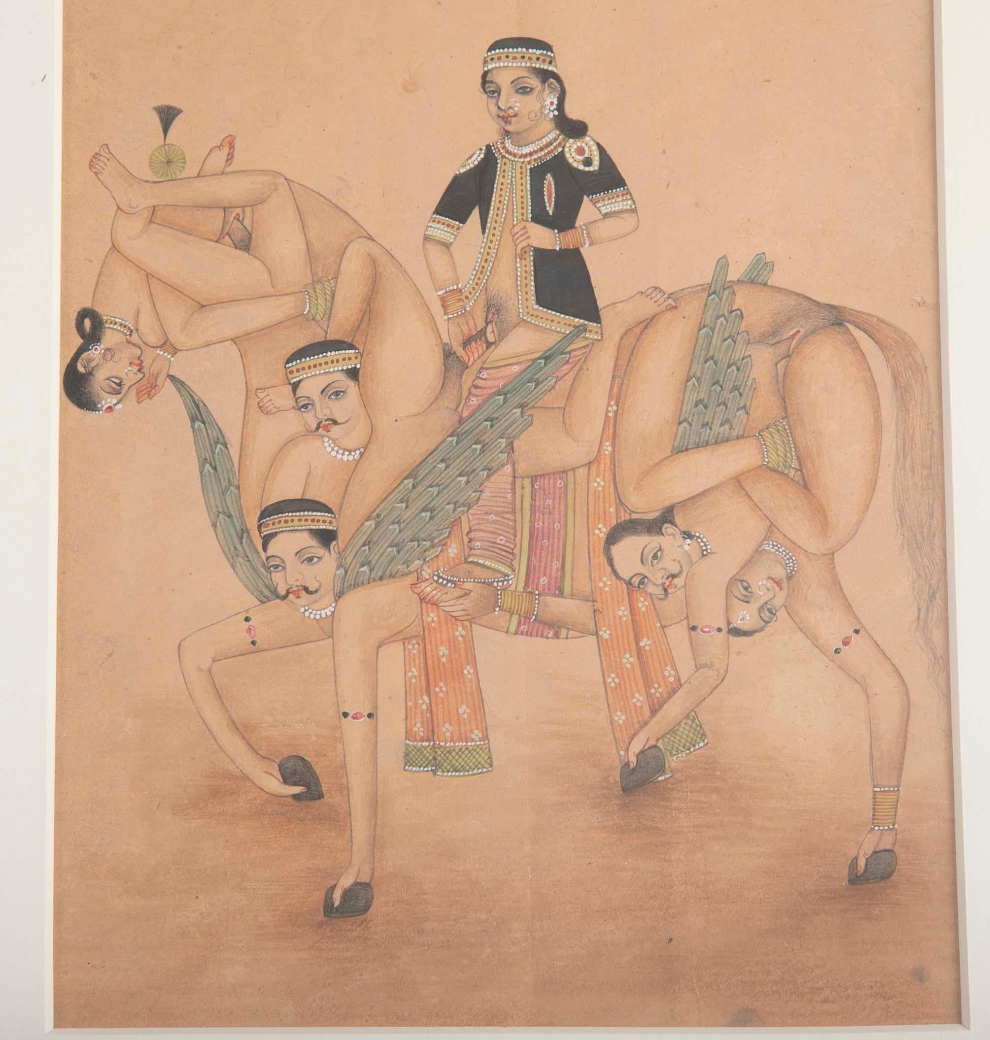 Anglo-Indian Indian Erotic Kama Sutra Zoomorphic Gouache of a Horse