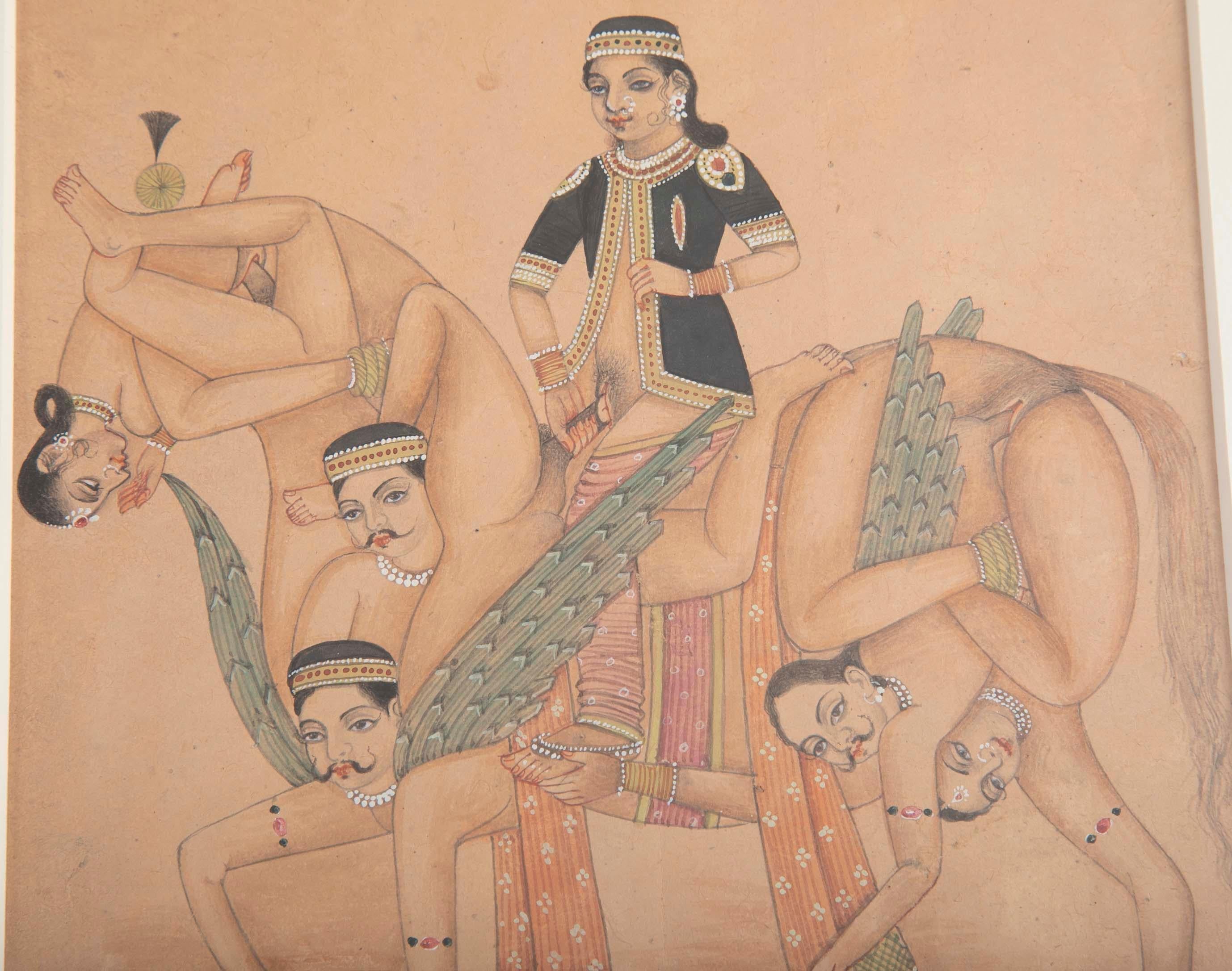 Painted Indian Erotic Kama Sutra Zoomorphic Gouache of a Horse