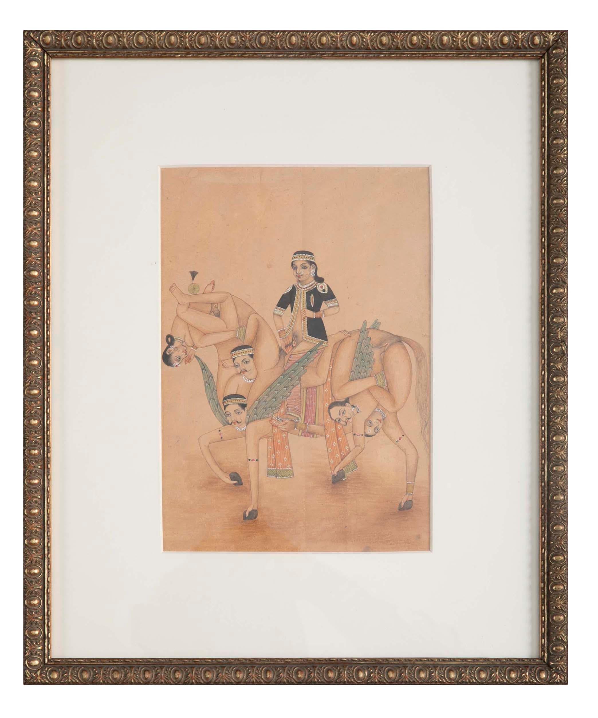Paper Indian Erotic Kama Sutra Zoomorphic Gouache of a Horse