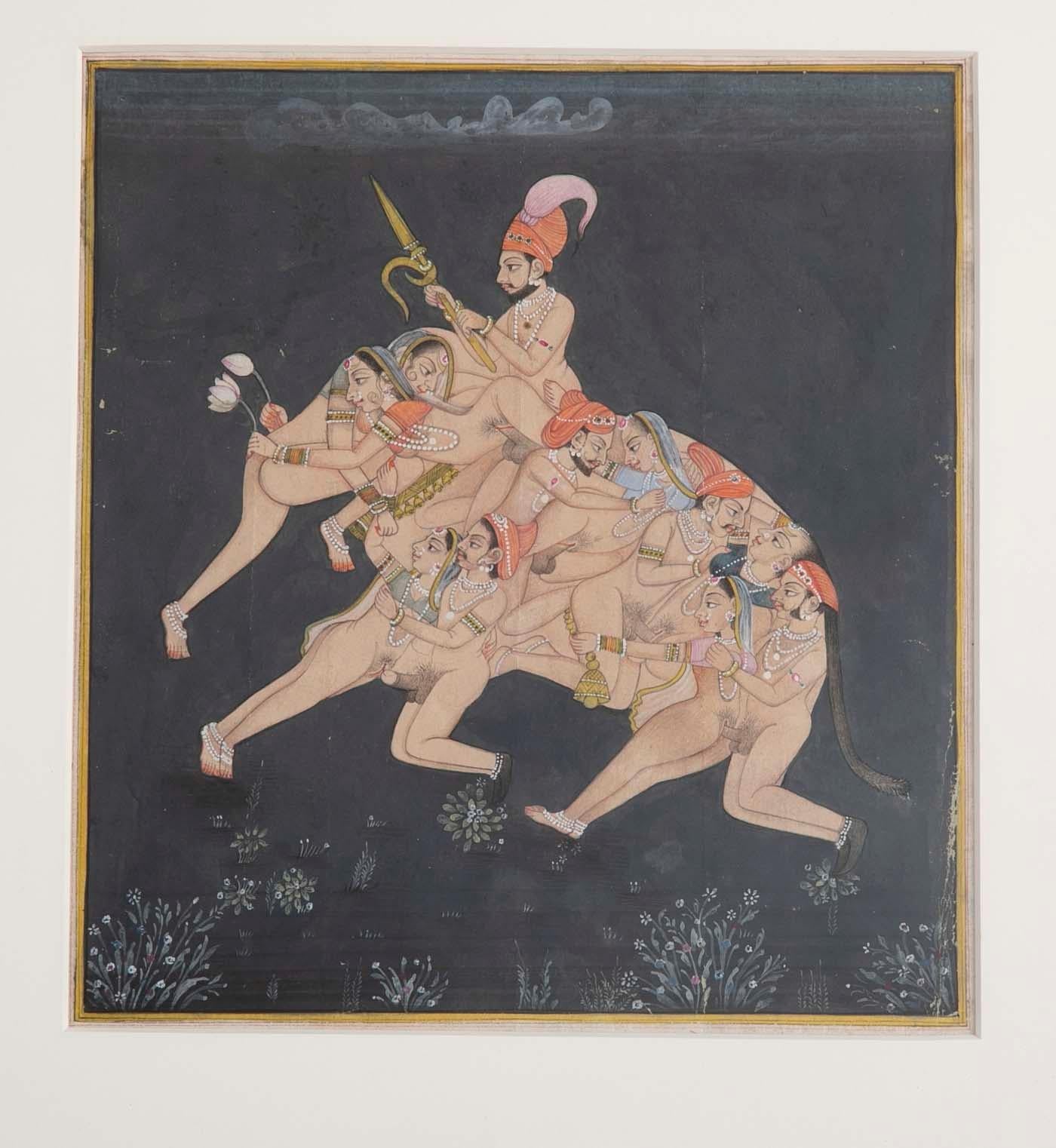 A stunning Indian erotic zoomorphic gouache depicting an elephant formed from copulating couples engaging in various positions. The actions of the couples juxtaposed with the calm demeanor on their faces makes the gouache quite amusing, compelling,