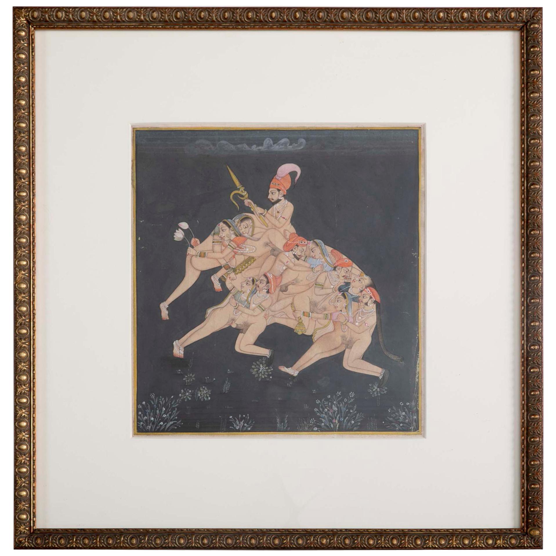 Indische Erotische Zoomorphische Kama Sutra Gouache eines Elefanten