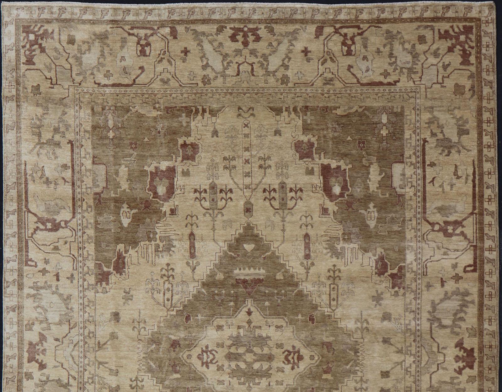Indian Floral Medallion Oushak Area Rug Hand-Knotted in Tan, Taupe, and Brown For Sale 5