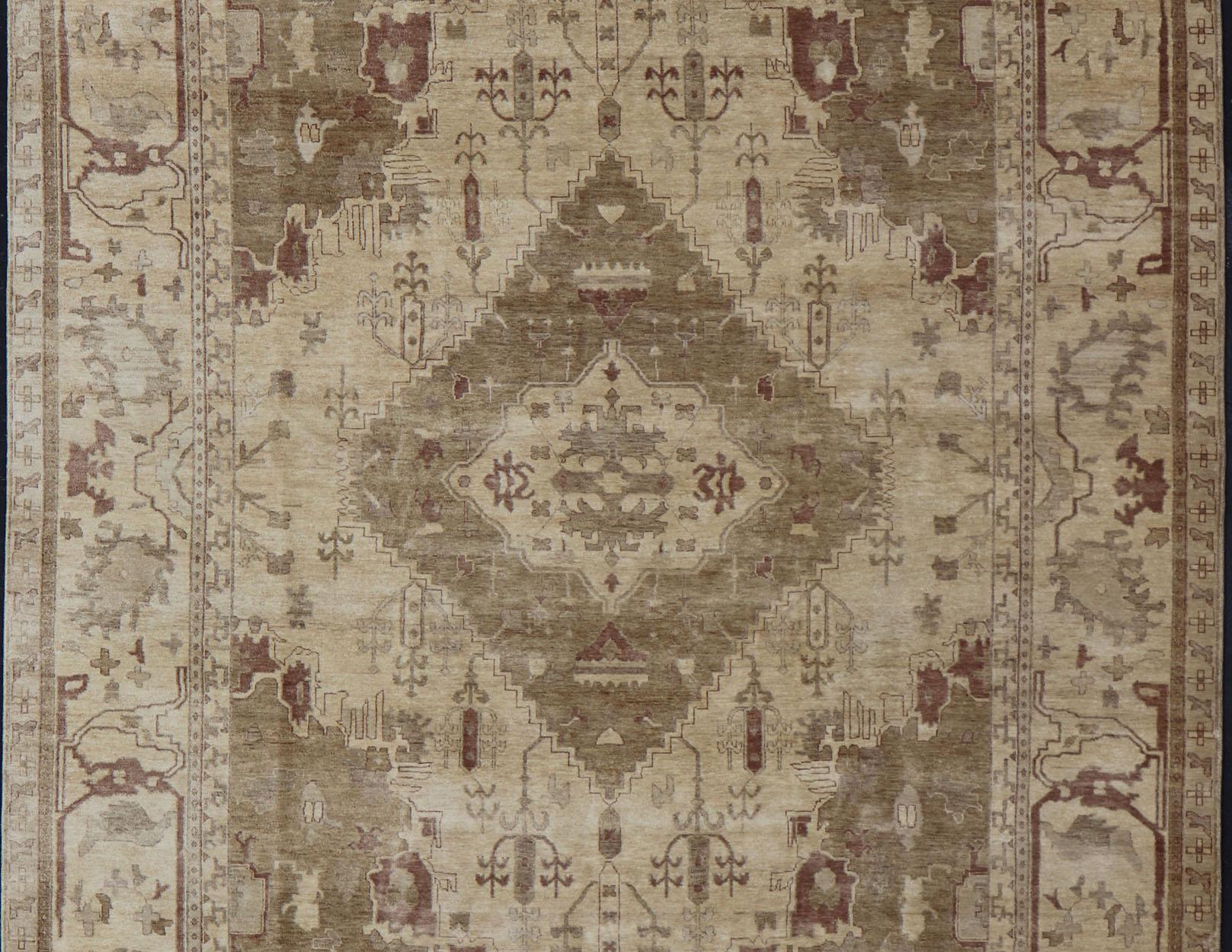 Indian Floral Medallion Oushak Area Rug Hand-Knotted in Tan, Taupe, and Brown For Sale 6