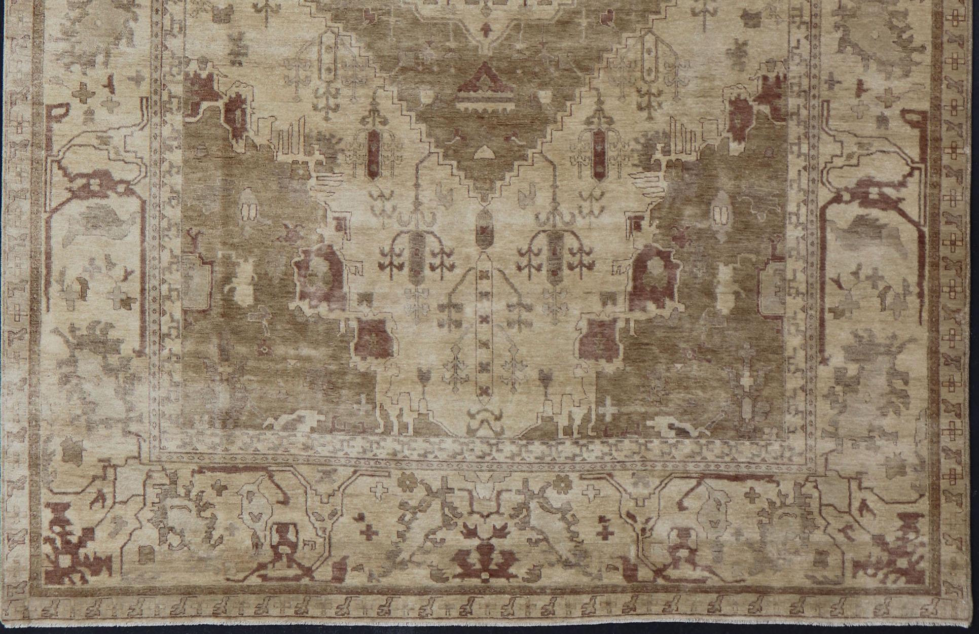 Indian Floral Medallion Oushak Area Rug Hand-Knotted in Tan, Taupe, and Brown For Sale 7