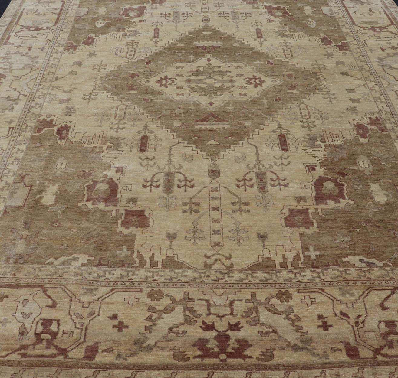 Indian Floral Medallion Oushak Area Rug Hand-Knotted in Tan, Taupe, and Brown For Sale 9