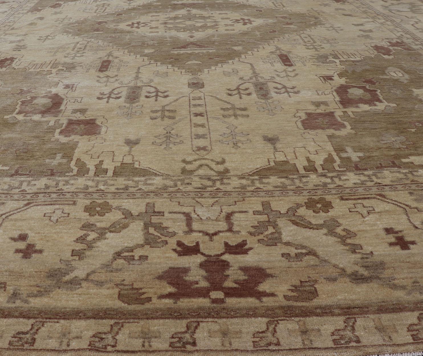 Indian Floral Medallion Oushak Area Rug Hand-Knotted in Tan, Taupe, and Brown For Sale 10