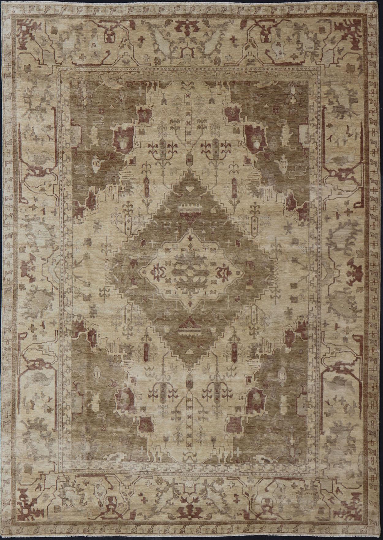 Indian Floral Medallion Oushak Area Rug Hand-Knotted in Tan, Taupe, and Brown For Sale