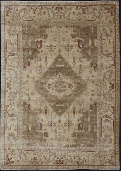 Indian Floral Medallion Oushak Area Rug Hand-Knotted in Tan, Taupe, and Brown