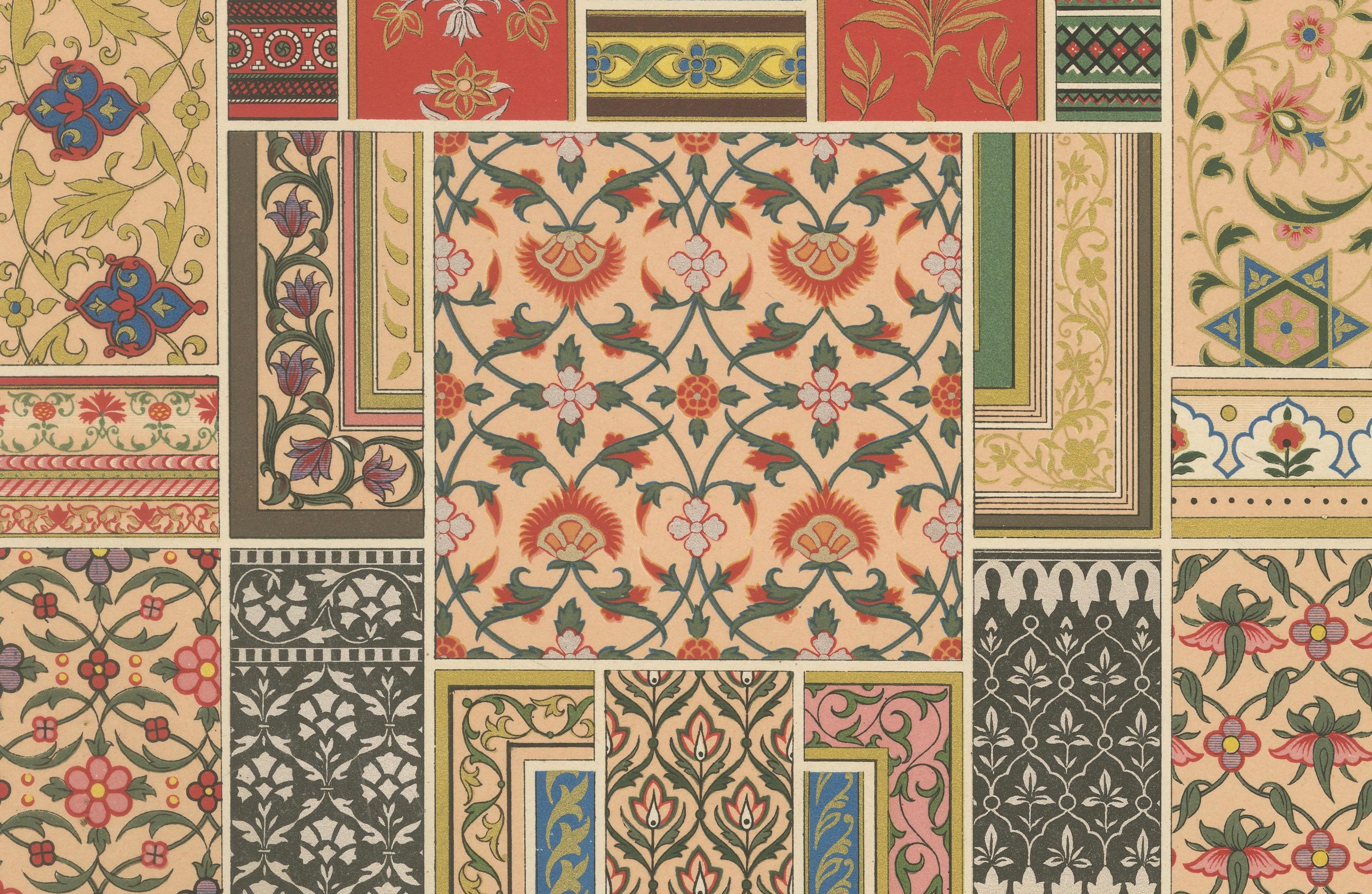 Motifs floraux indiens - Estampe ancienne de motifs décoratifs de l'Inde, c.1869

Cette vibrante chromolithographie de la planche XVIII de L'Ornement Polychrome présente une étonnante série de motifs décoratifs traditionnels indiens, célébrant la