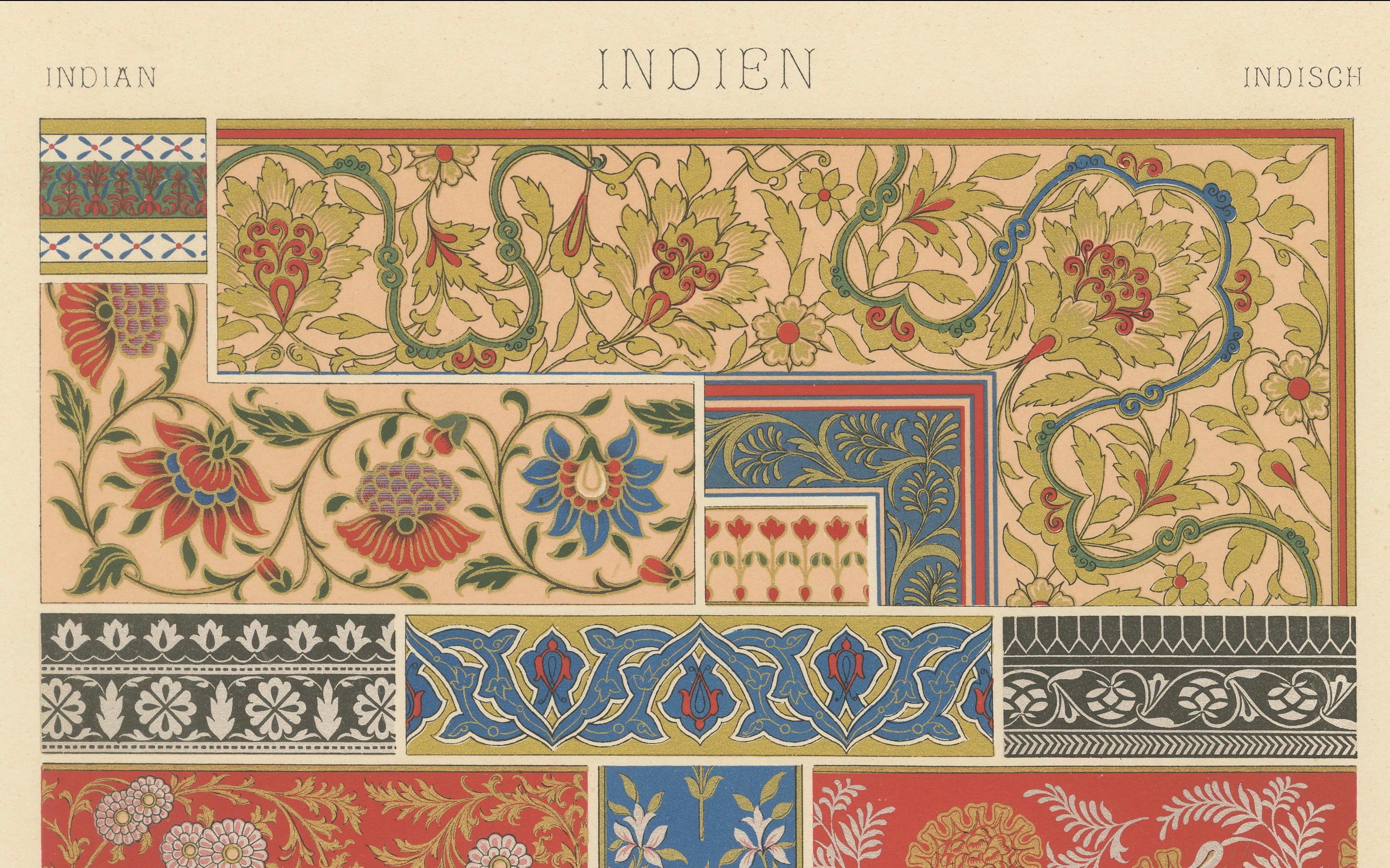Français Motifs floraux indiens - Estampe ancienne de motifs décoratifs de l'Inde, c.1869 en vente