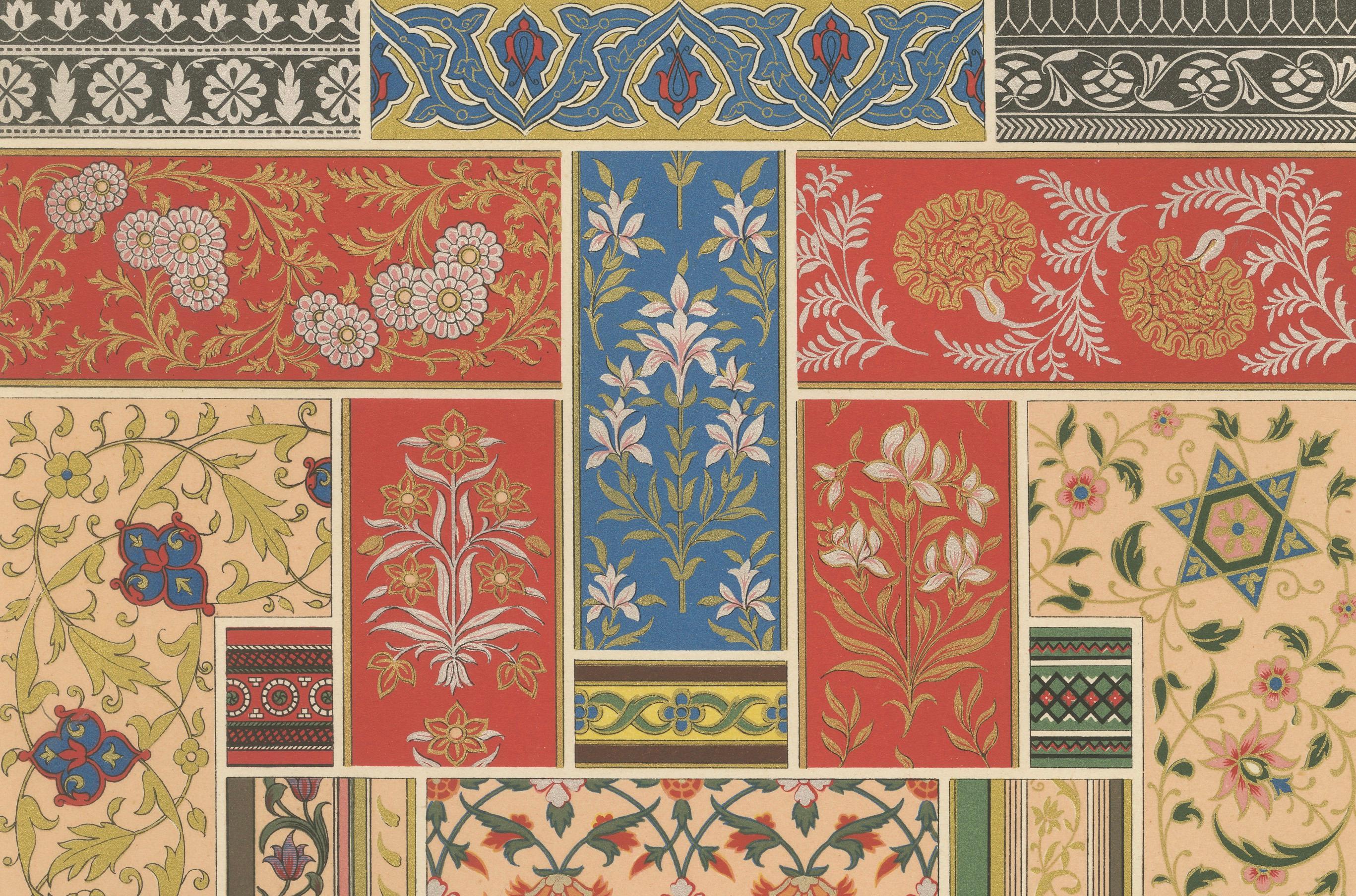 Motifs floraux indiens - Estampe ancienne de motifs décoratifs de l'Inde, c.1869 Bon état - En vente à Langweer, NL