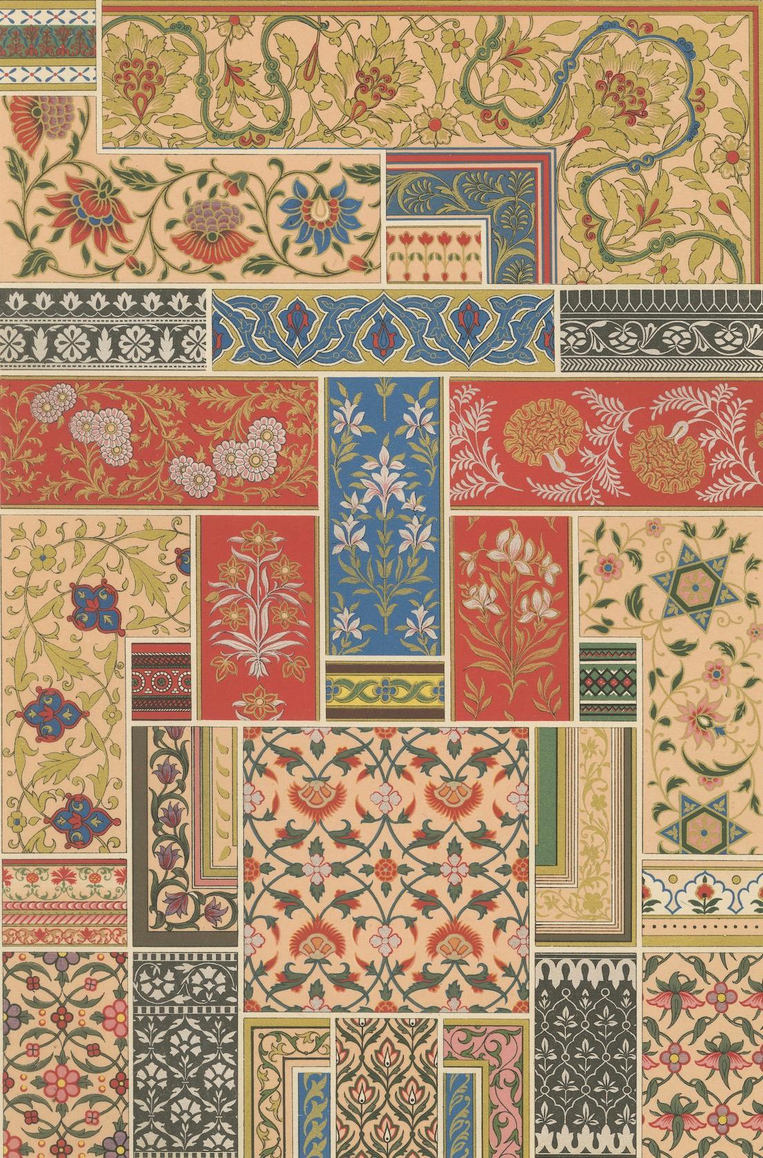 XIXe siècle Motifs floraux indiens - Estampe ancienne de motifs décoratifs de l'Inde, c.1869 en vente