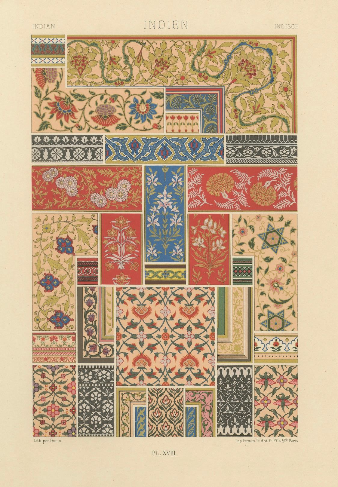 Papier Motifs floraux indiens - Estampe ancienne de motifs décoratifs de l'Inde, c.1869 en vente