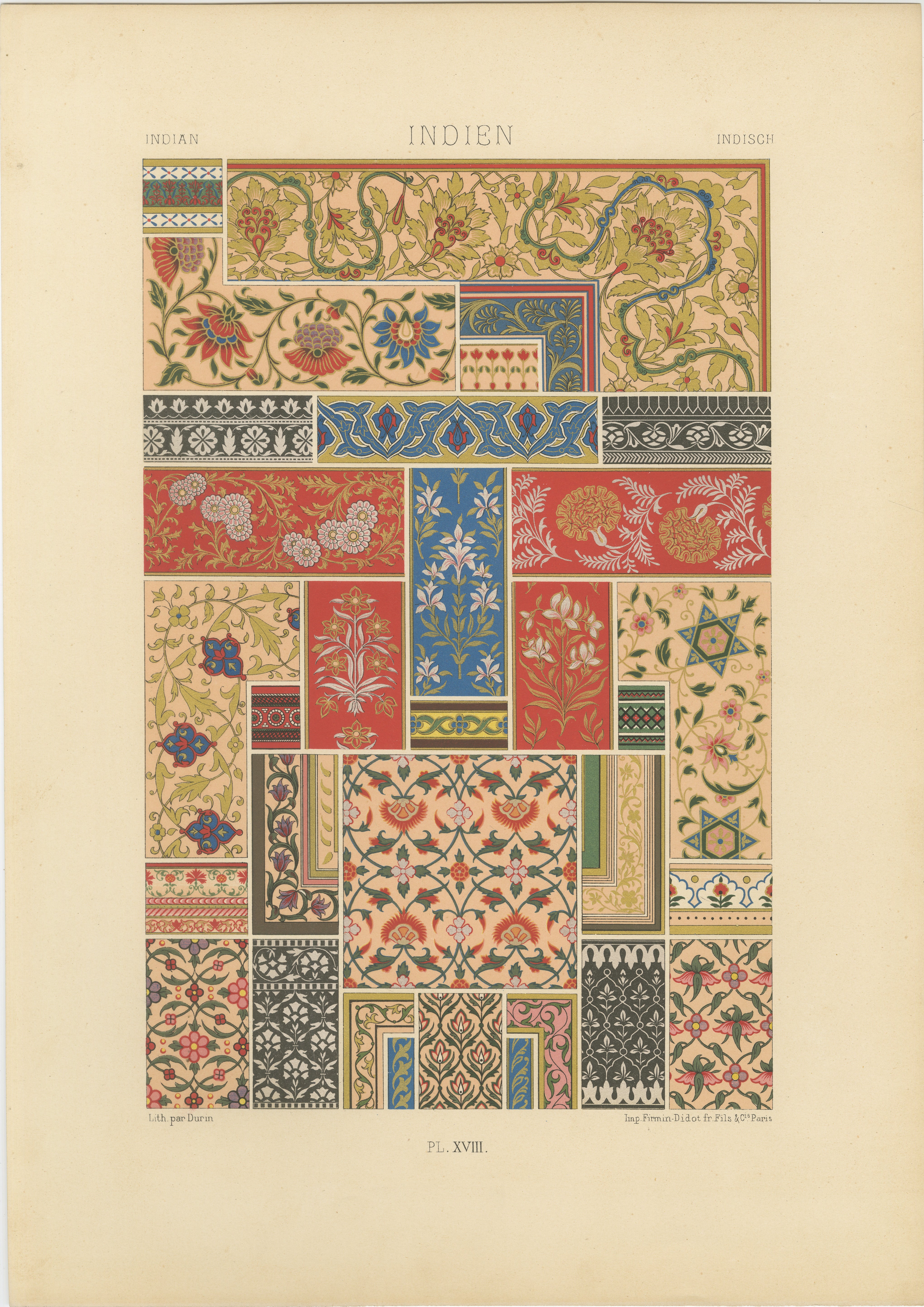 Motifs floraux indiens - Estampe ancienne de motifs décoratifs de l'Inde, c.1869