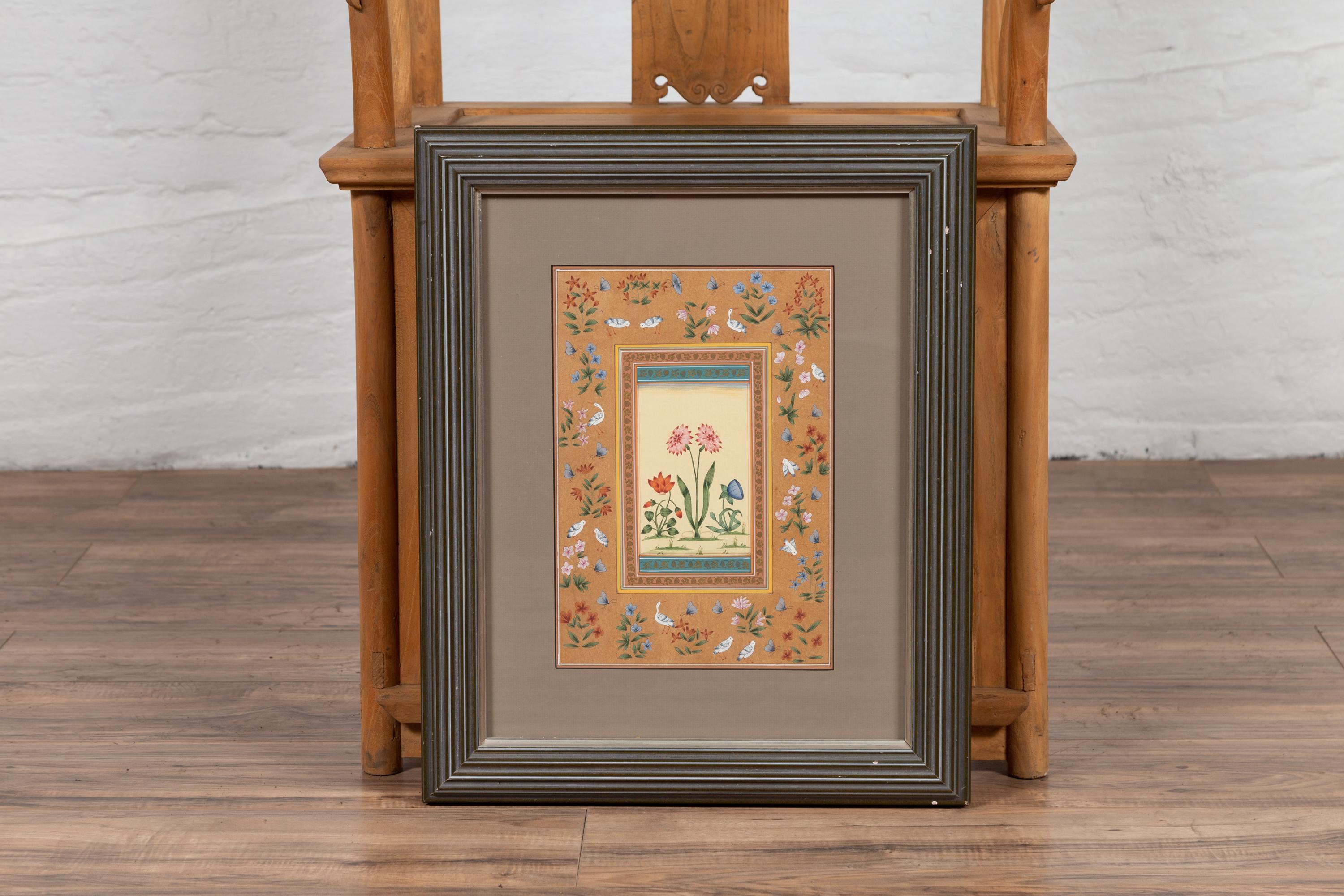 Painted Indian Floral Still-Life from the Midcentury Period with Flowers and Birds